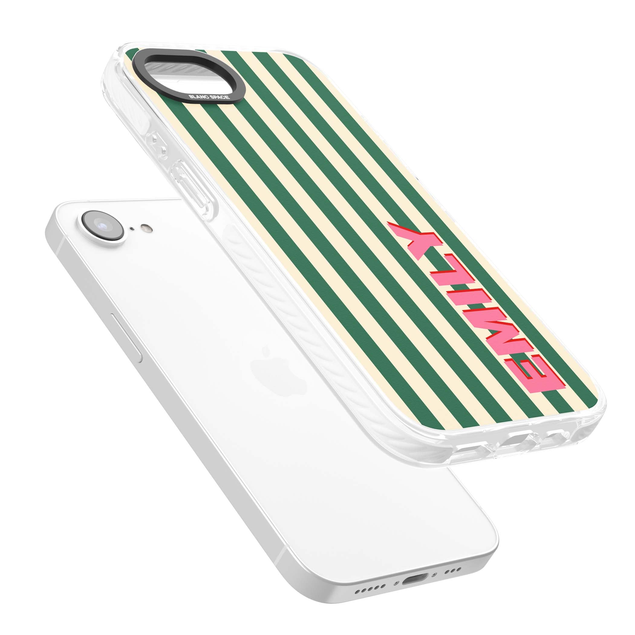 Wimbledon Stripe preppy iPhone case featuring green and cream vertical stripes with a personalised pink name | Clear Impact case for iPhone 16e, iPhone 17e