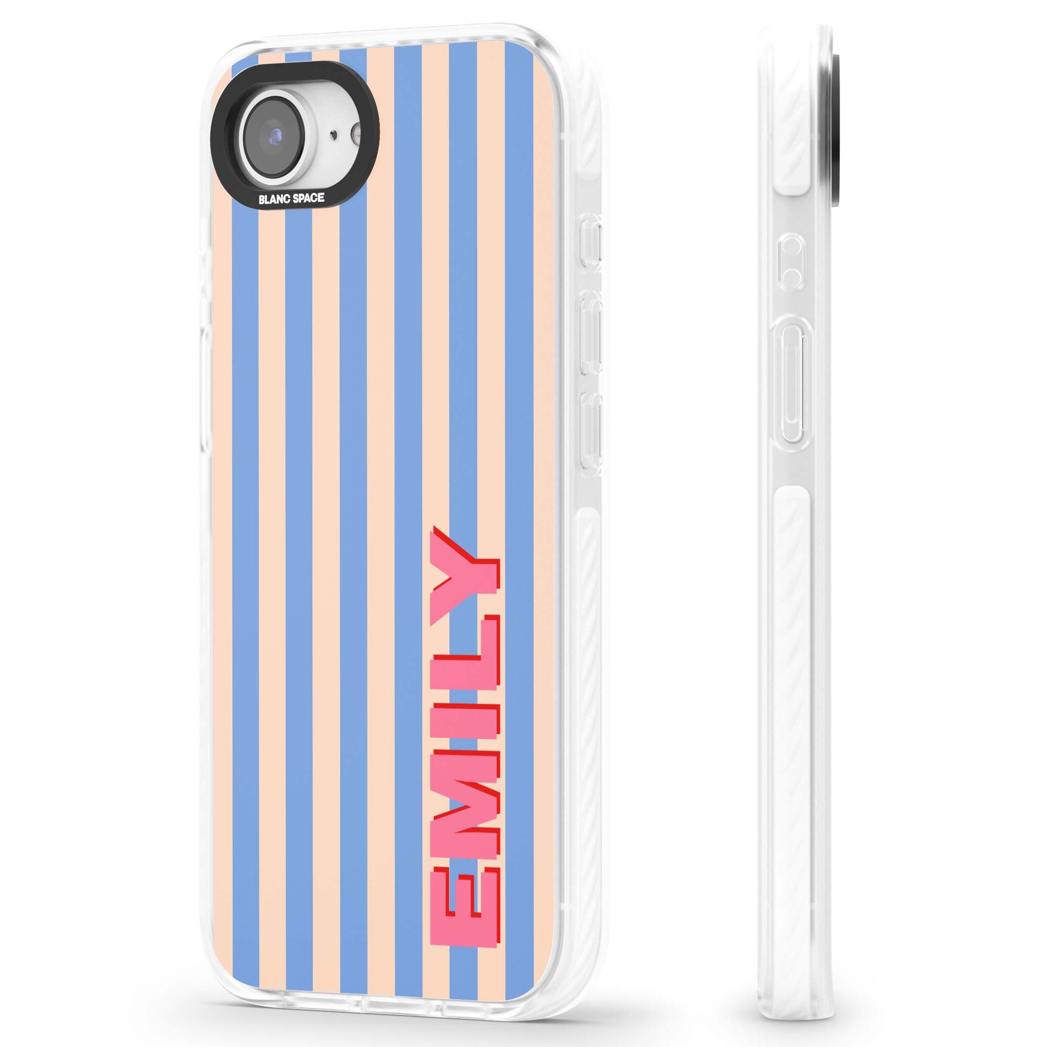 Coastal Stripe personalised coastal iPhone case with blue and peach vertical stripes and custom pink name | Clear Impact case for iPhone 16e, iPhone 17e