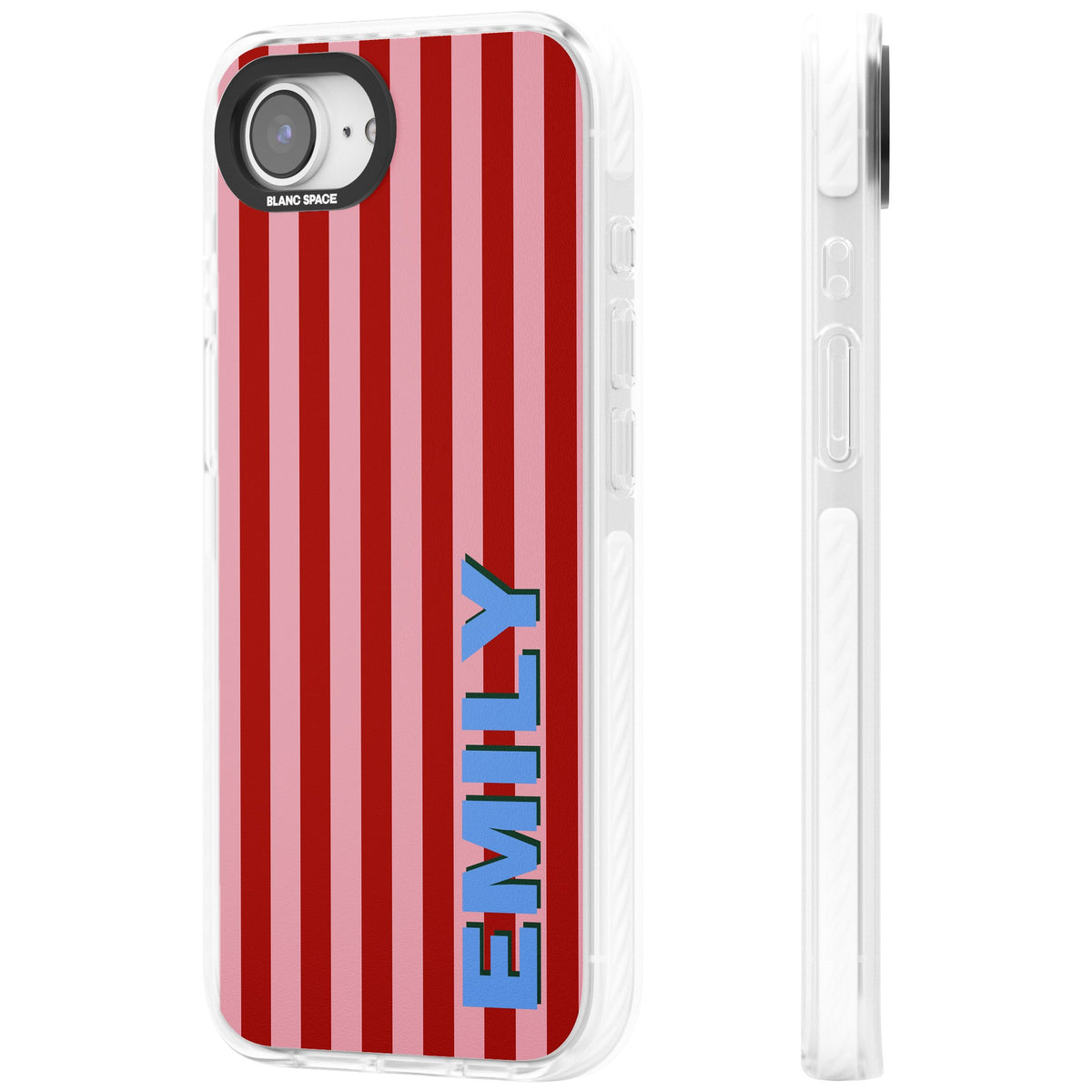 Personalised Market Stripe iPhone 16e / iPhone 17e Impact Clear Phone Case side