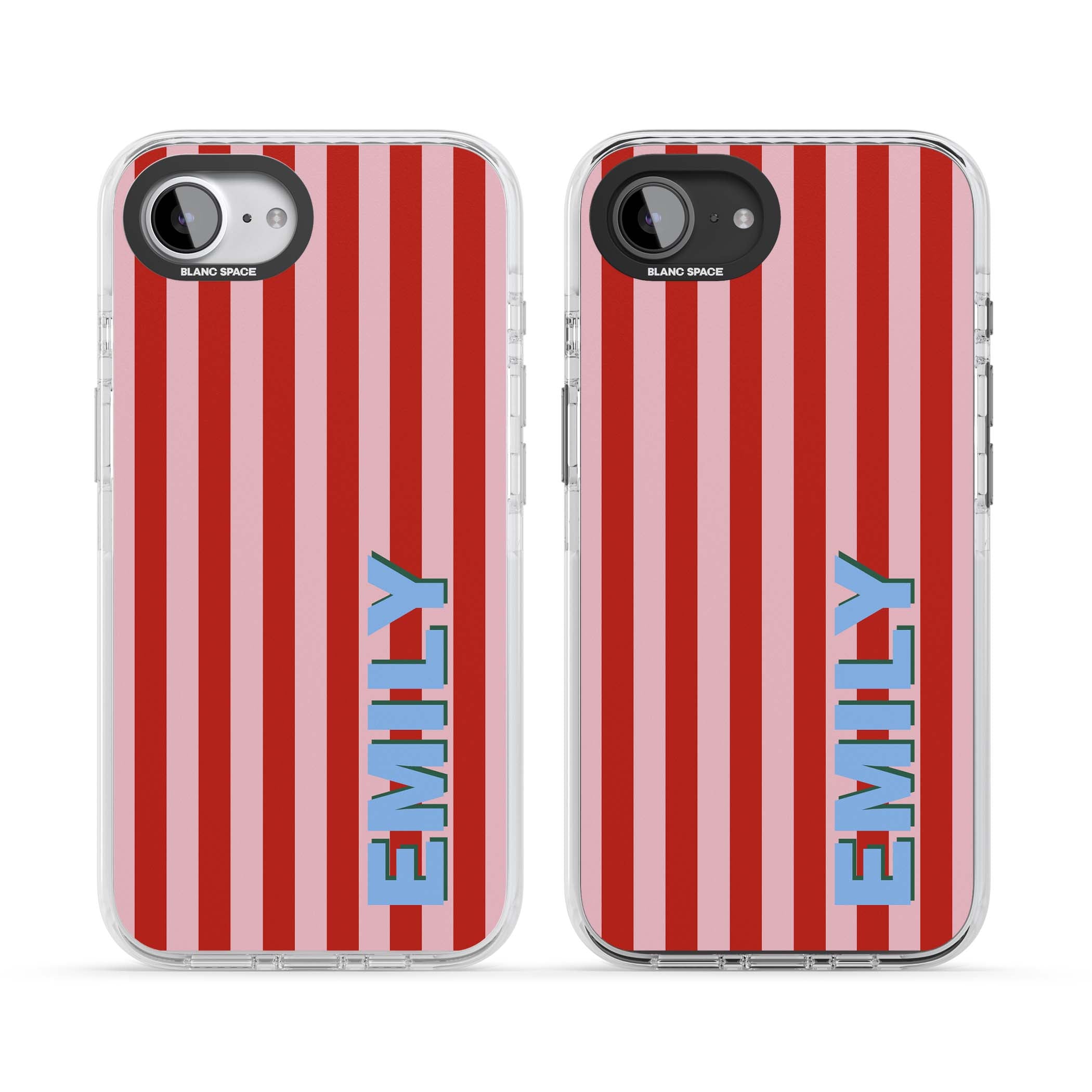 Market Stripe personalised iPhone case with red and pink vertical stripes and custom blue name | Clear Impact case for iPhone 16e, iPhone 17e