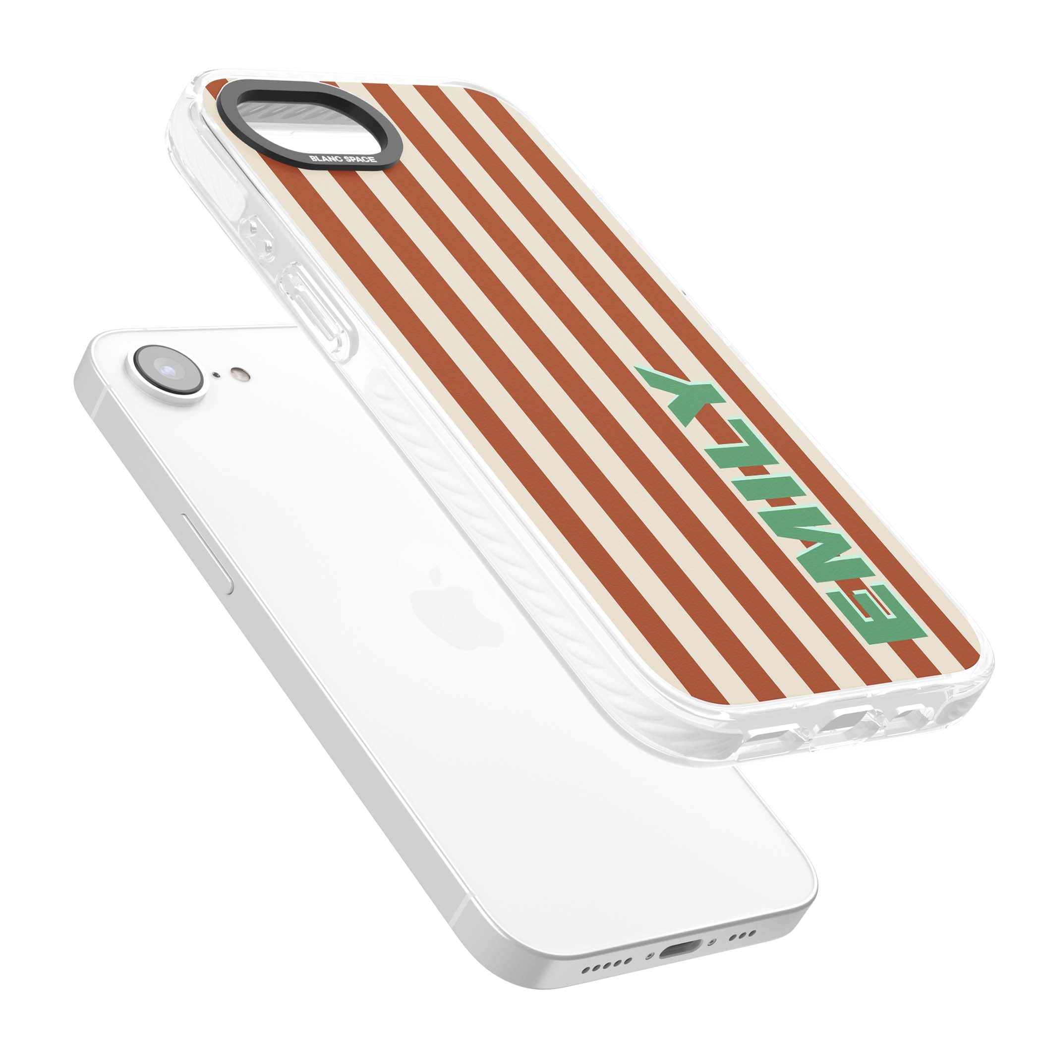 Dune Stripe personalised iPhone case with rust and cream vertical stripes and custom name in mint green | Clear Impact case for iPhone 16e, iPhone 17e