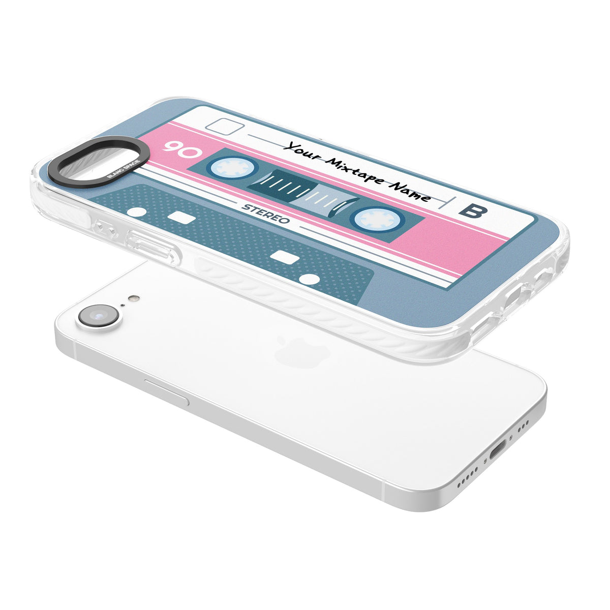 Personalised Retro Cassette Mixtape iPhone 16e / iPhone 17e Impact Clear Phone Case angled