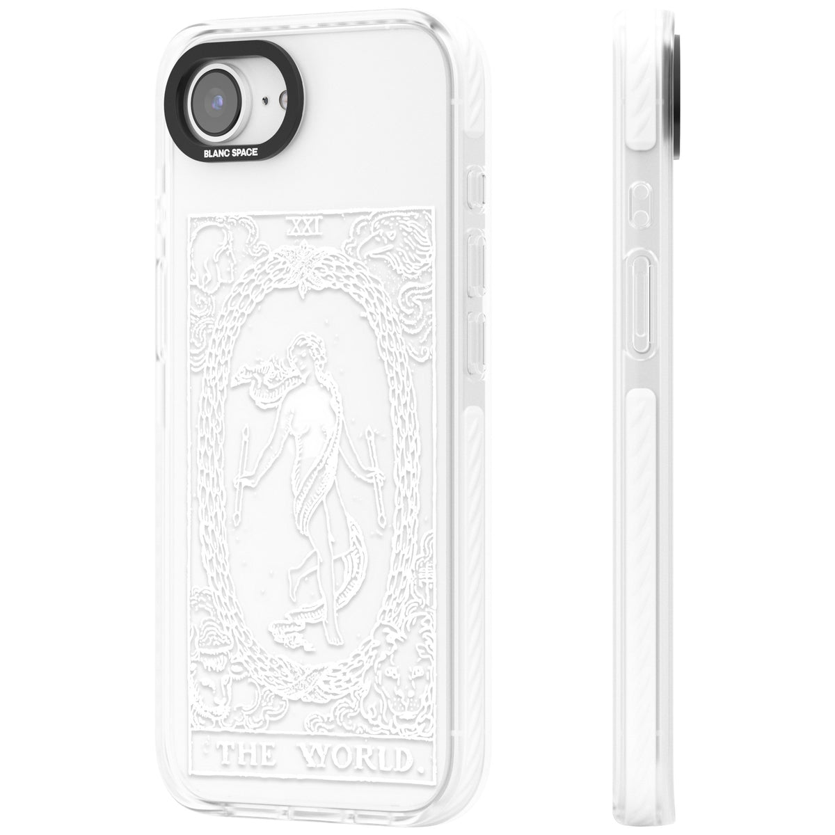 Personalised The World Tarot Card (White) iPhone 16e / iPhone 17e Impact Clear Phone Case side