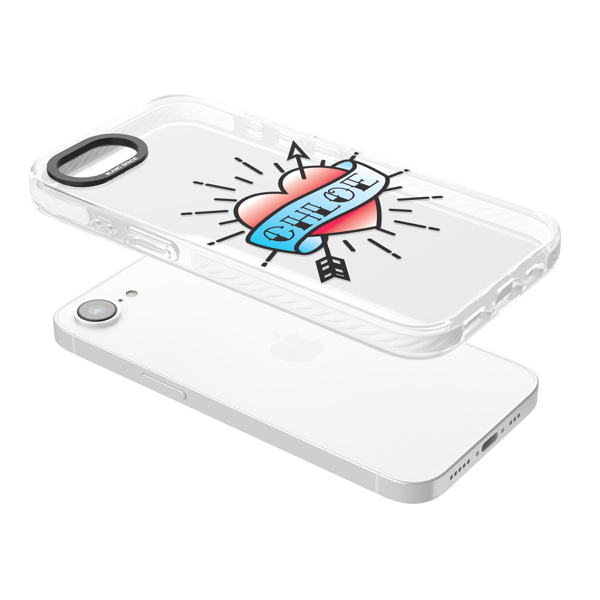 Personalised Heart Tattoo iPhone 16e / iPhone 17e Impact Clear Phone Case angled