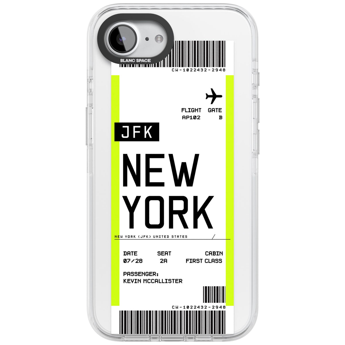 Personalised New York Boarding Pass iPhone 16e / iPhone 17e Impact Clear Phone Case front