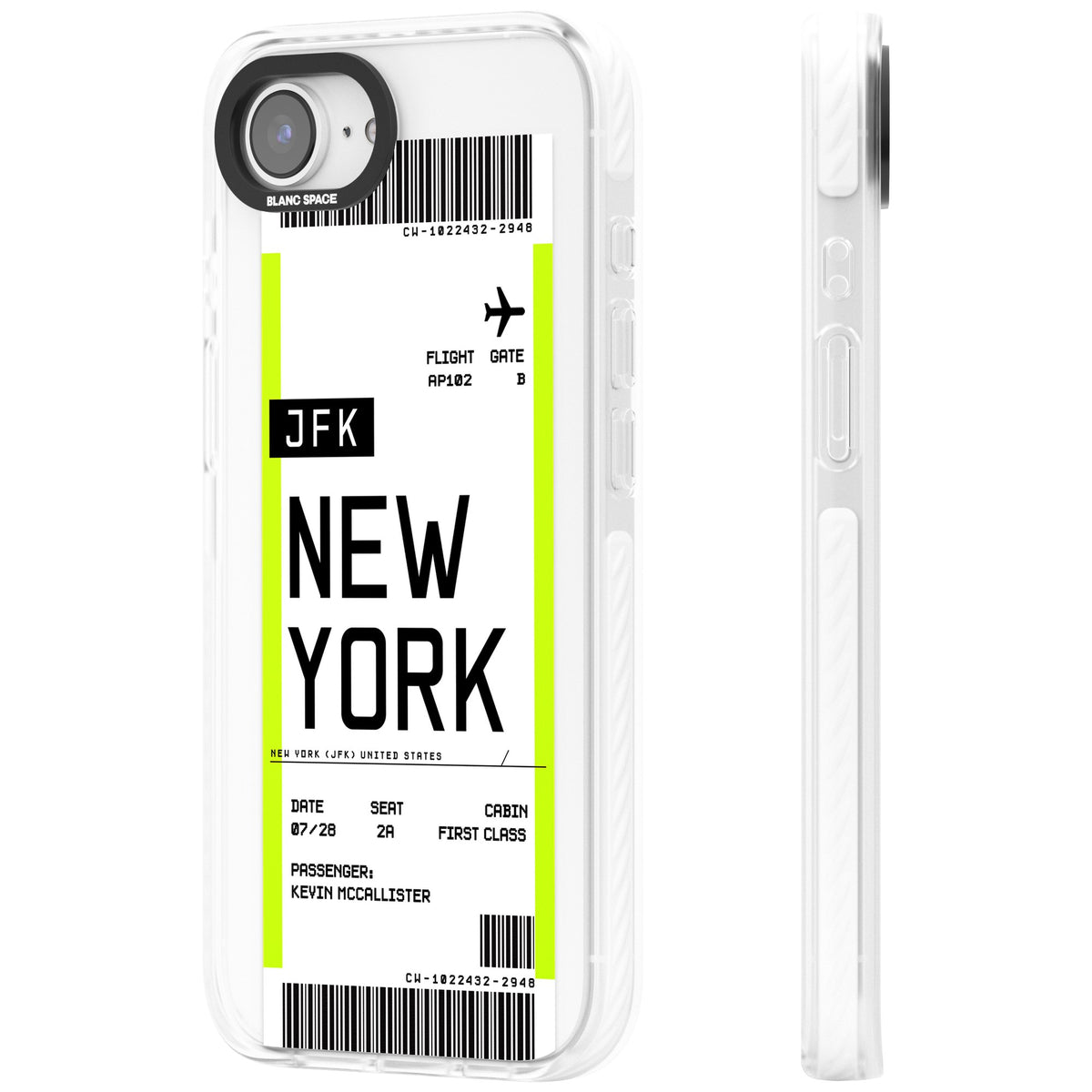 Personalised New York Boarding Pass iPhone 16e / iPhone 17e Impact Clear Phone Case side