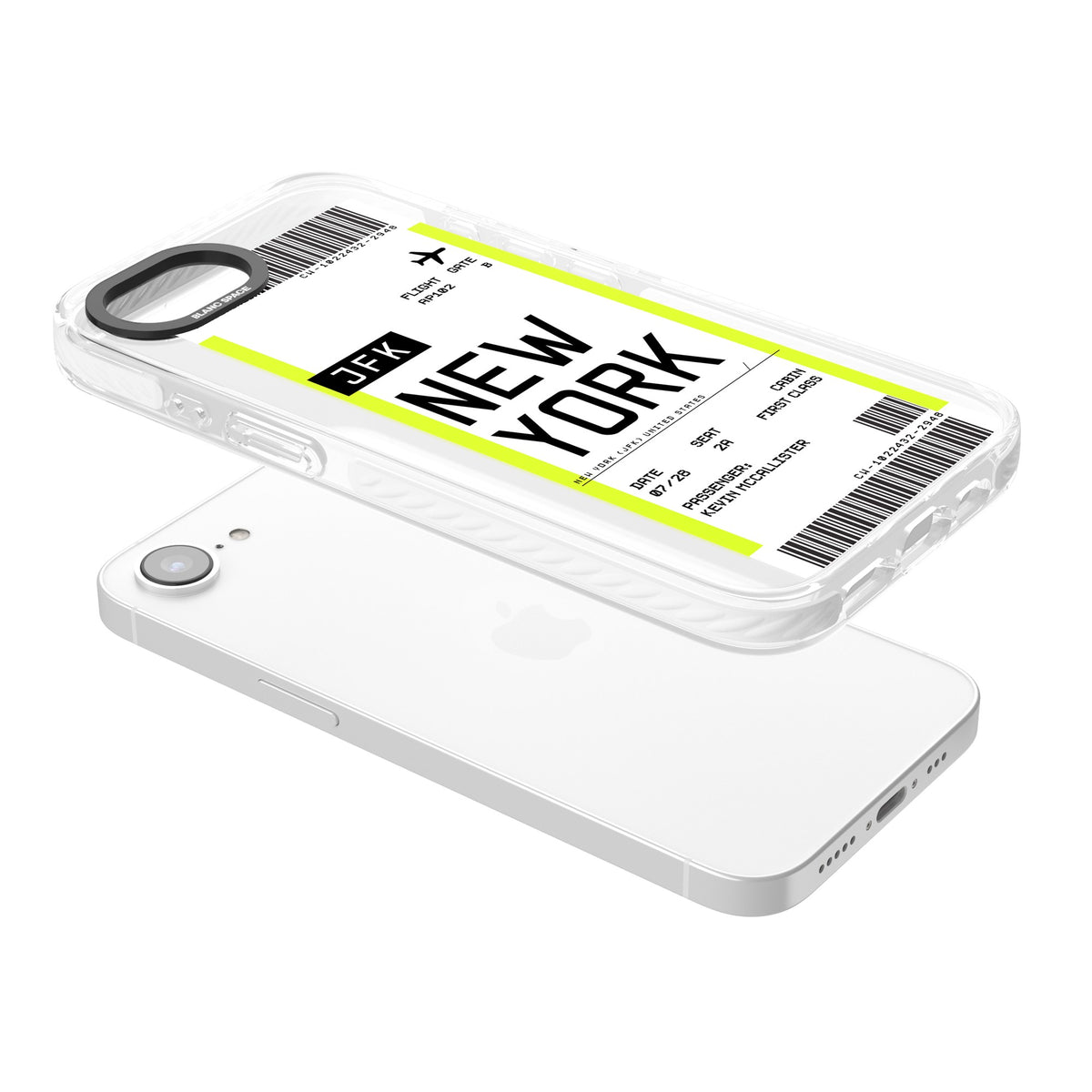Personalised New York Boarding Pass iPhone 16e / iPhone 17e Impact Clear Phone Case angled