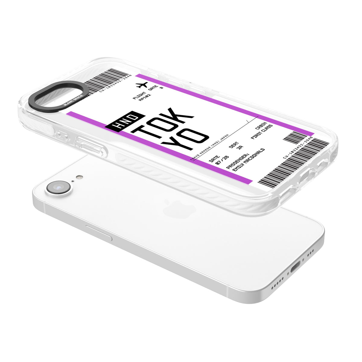 Personalised Tokyo Boarding Pass iPhone 16e / iPhone 17e Impact Clear Phone Case angled