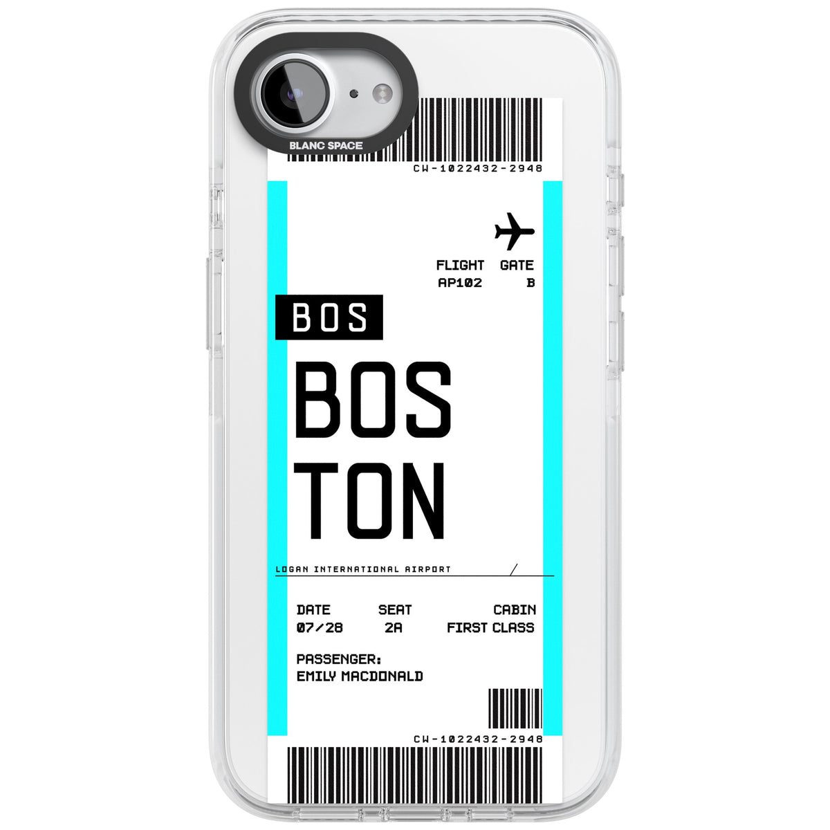 Personalised Boston Boarding Pass iPhone 16e / iPhone 17e Impact Clear Phone Case front