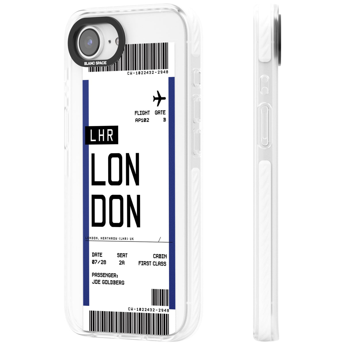Personalised London Boarding Pass iPhone 16e / iPhone 17e Impact Clear Phone Case side