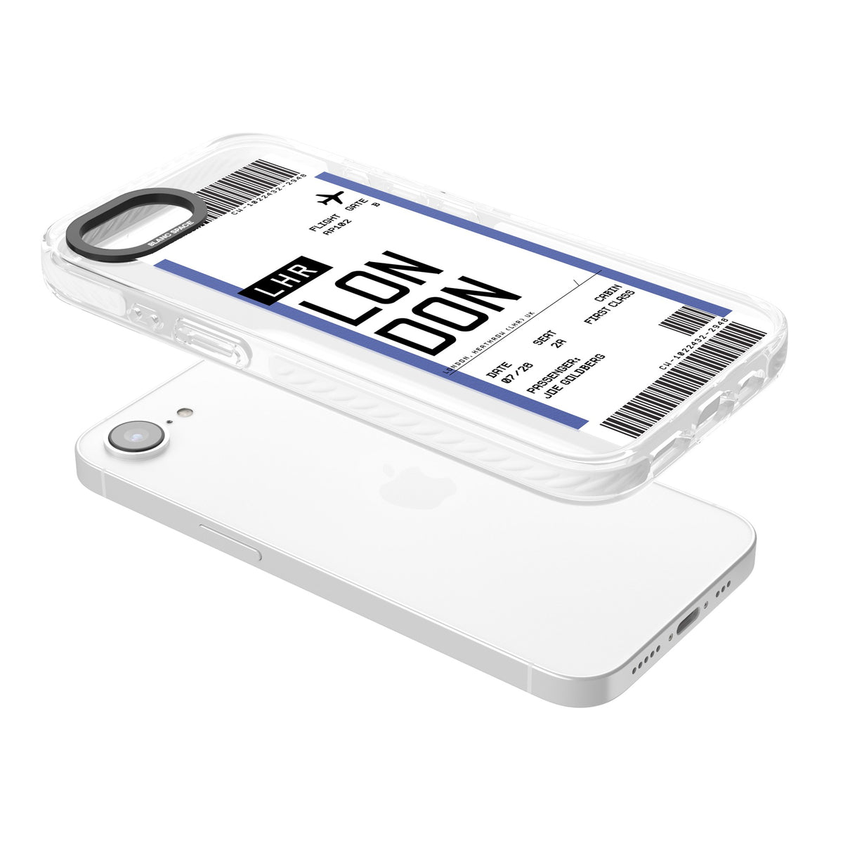 Personalised London Boarding Pass iPhone 16e / iPhone 17e Impact Clear Phone Case angled