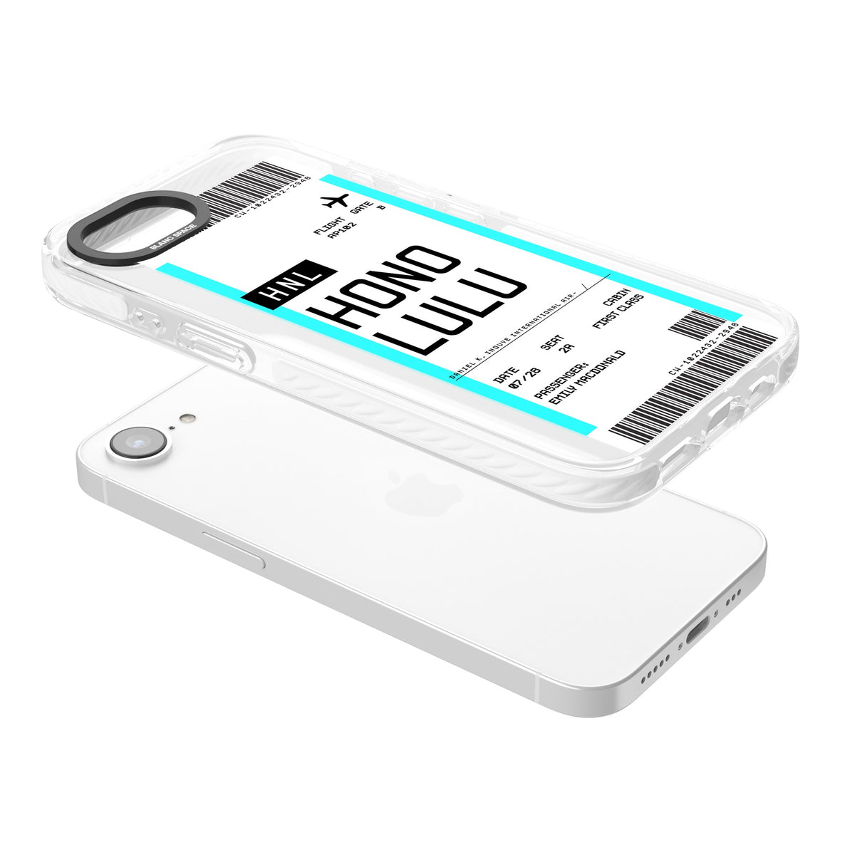 Personalised Honolulu Boarding Pass iPhone 16e / iPhone 17e Impact Clear Phone Case angled