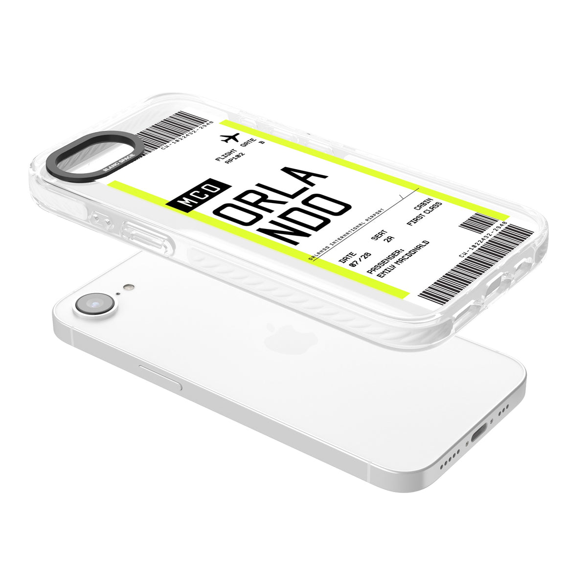 Personalised Orlando Boarding Pass iPhone 16e / iPhone 17e Impact Clear Phone Case angled