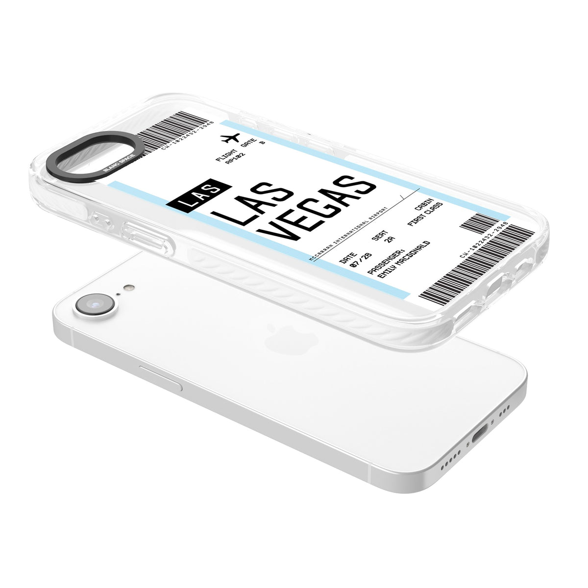 Personalised Las Vegas Boarding Pass iPhone 16e / iPhone 17e Impact Clear Phone Case angled