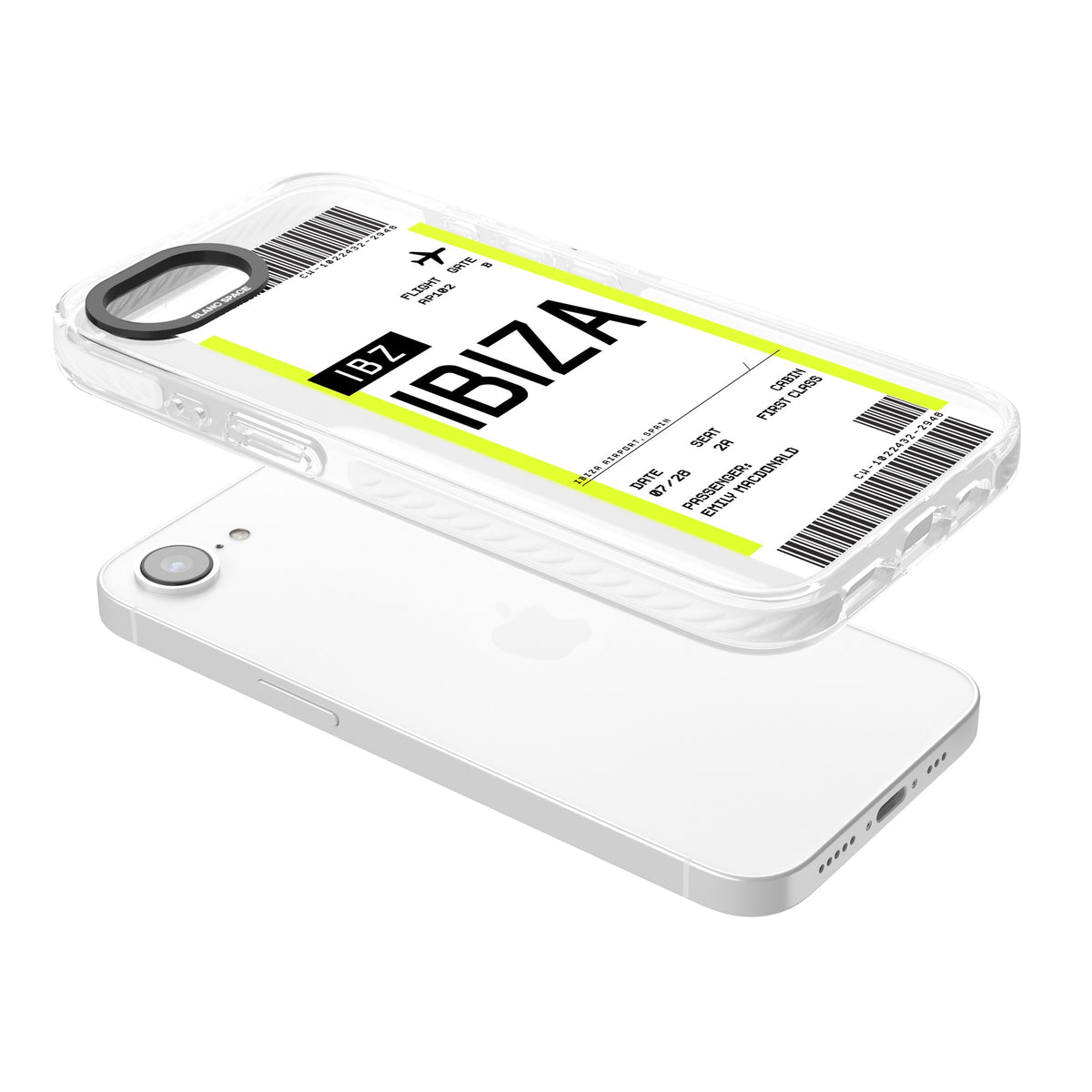 Personalised Ibiza Boarding Pass iPhone 16e / iPhone 17e Impact Clear Phone Case angled