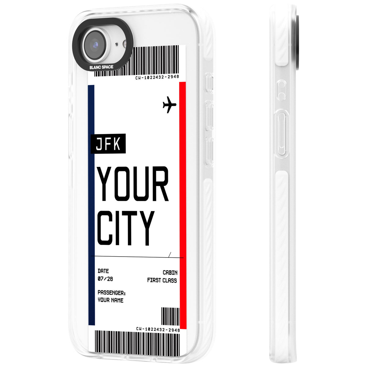 Personalised Create Your Own Boarding Pass Ticket iPhone 16e / iPhone 17e Impact Clear Phone Case side