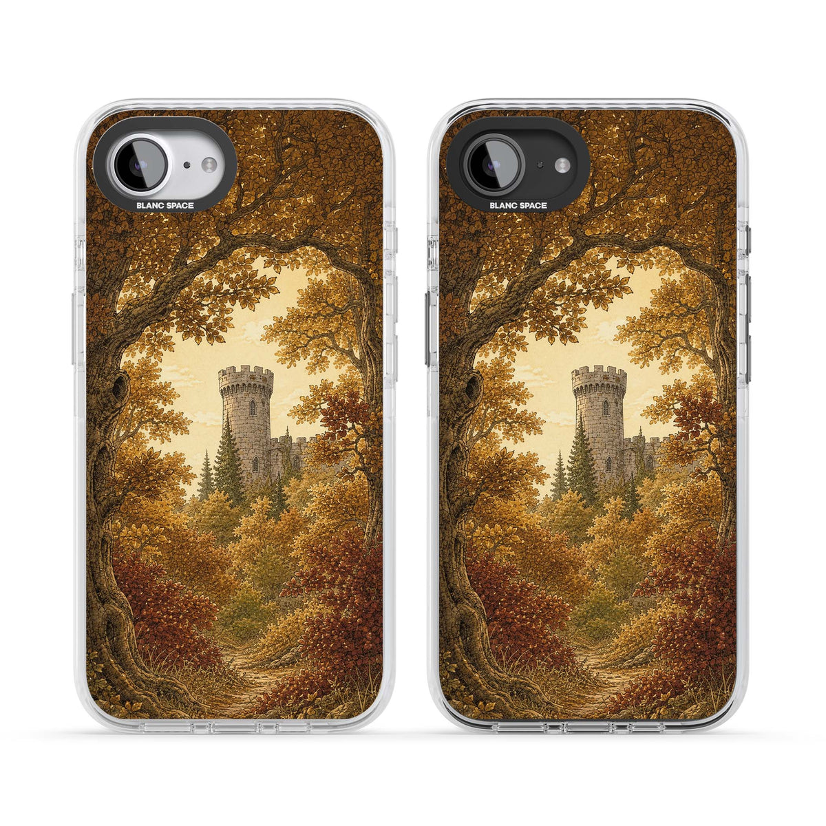 Autumn Keep cottagecore iPhone case featuring a medieval castle tower framed by golden autumn trees and woodland foliage | Clear Impact case for iPhone 16e, iPhone 17e