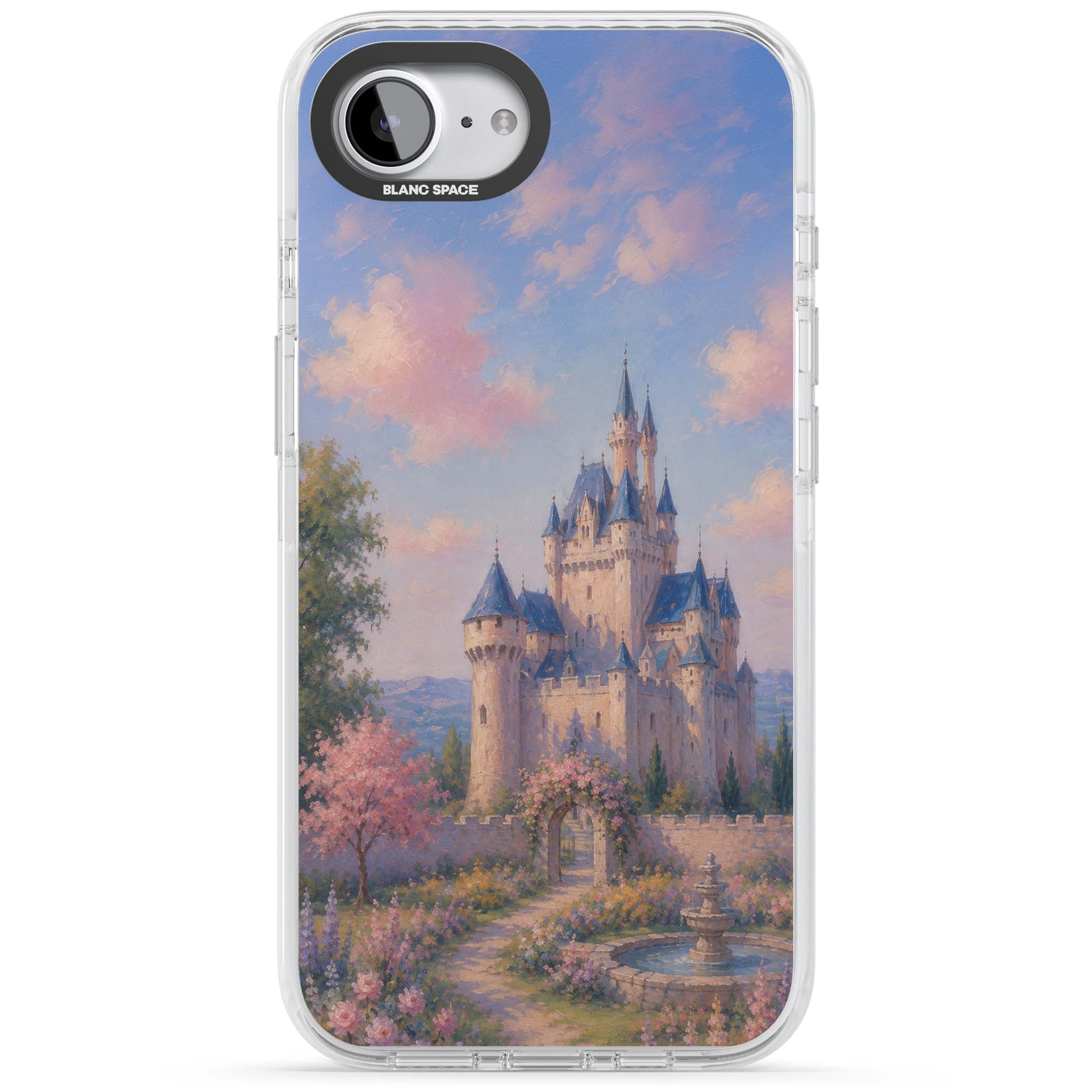 Enchanted Kingdom fairytale iPhone case featuring a romantic castle painting with cherry blossoms and pastel pink sky | Clear Impact case for iPhone 16e, iPhone 17e