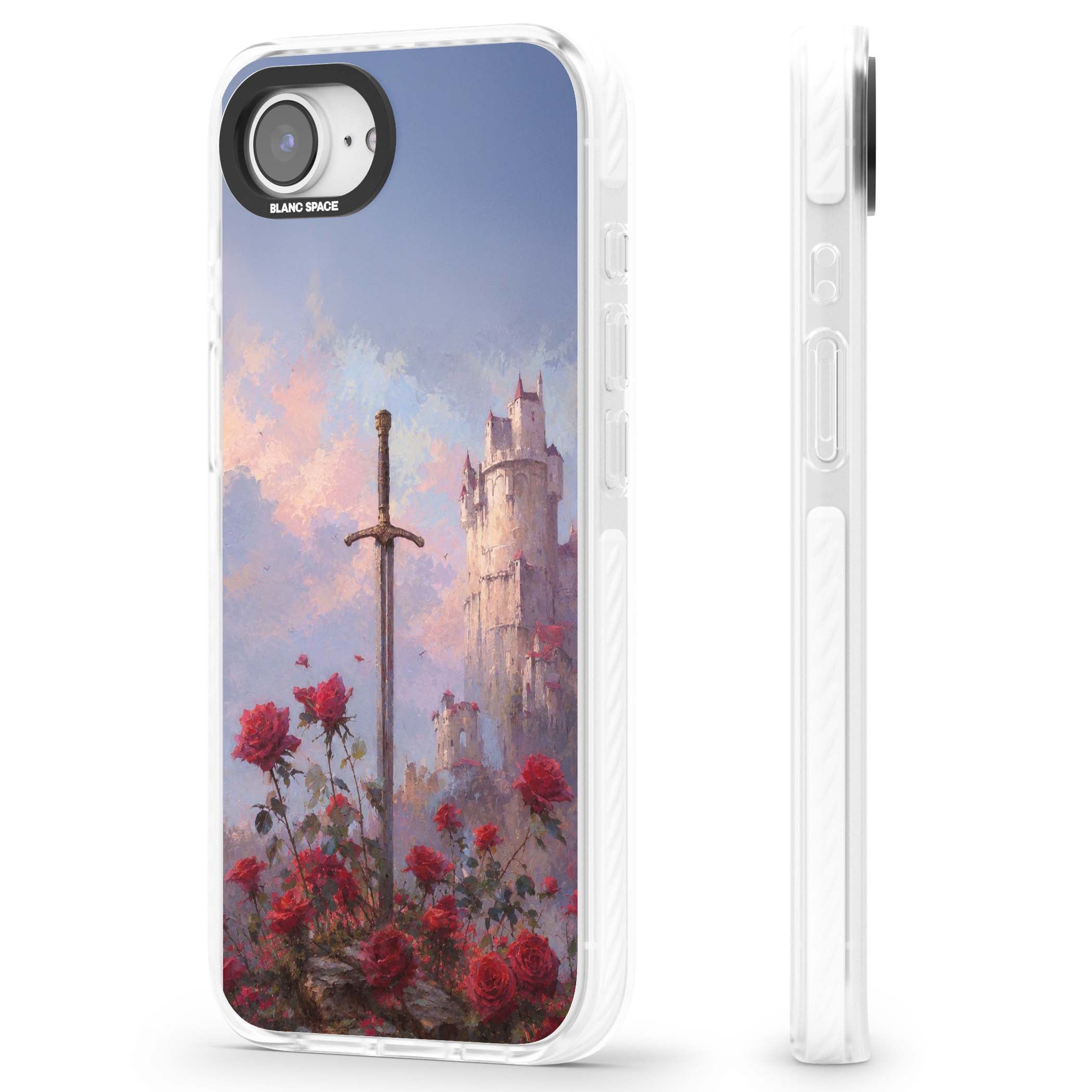 Sword in Roses medieval art iPhone case featuring a sword, red roses, and a misty fairytale castle at sunset | Clear Impact case for iPhone 16e, iPhone 17e