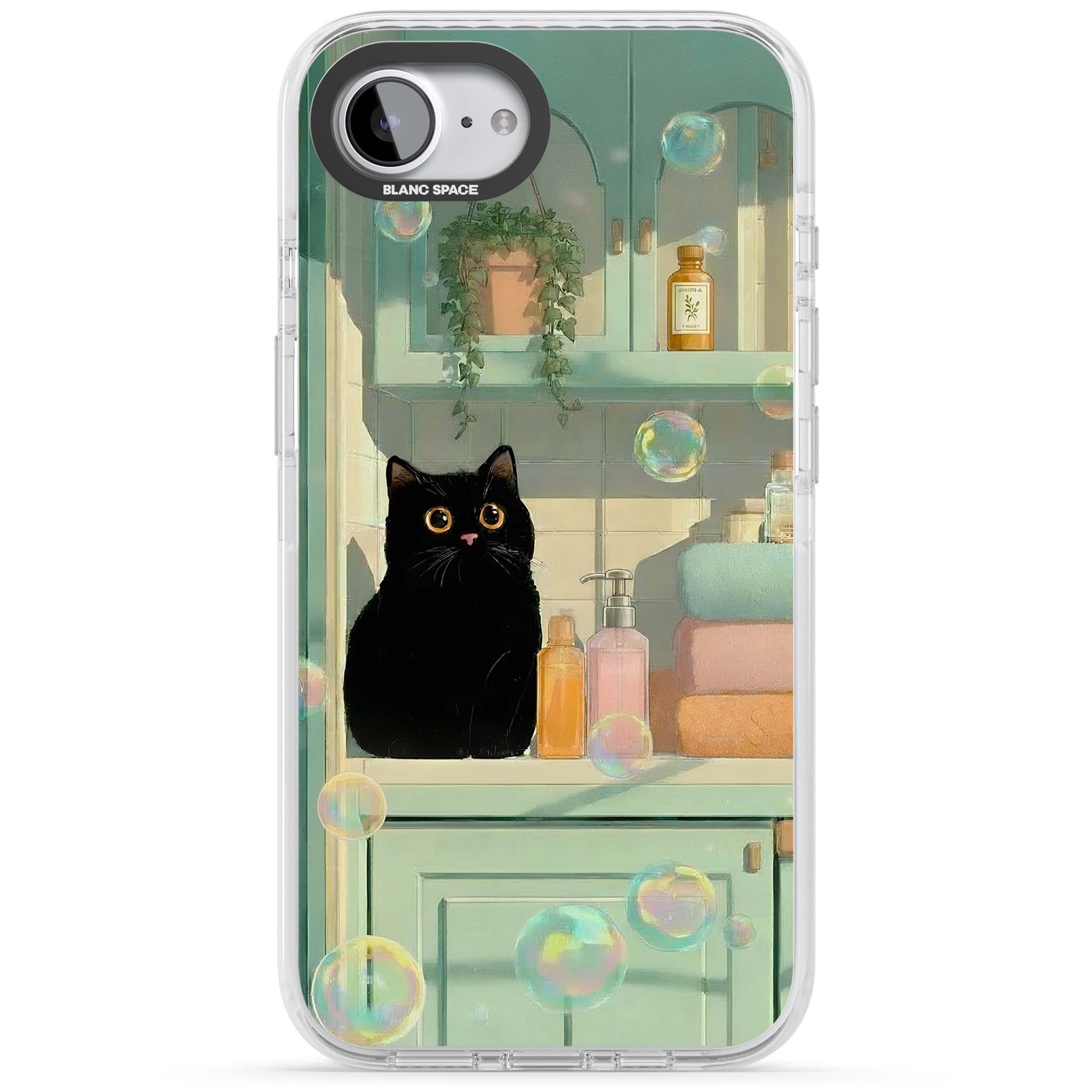 Bathroom Bubble Kitty cottagecore iPhone case featuring a black cat, mint bathroom scene and floating soap bubbles | Clear Impact case for iPhone 16e, iPhone 17e