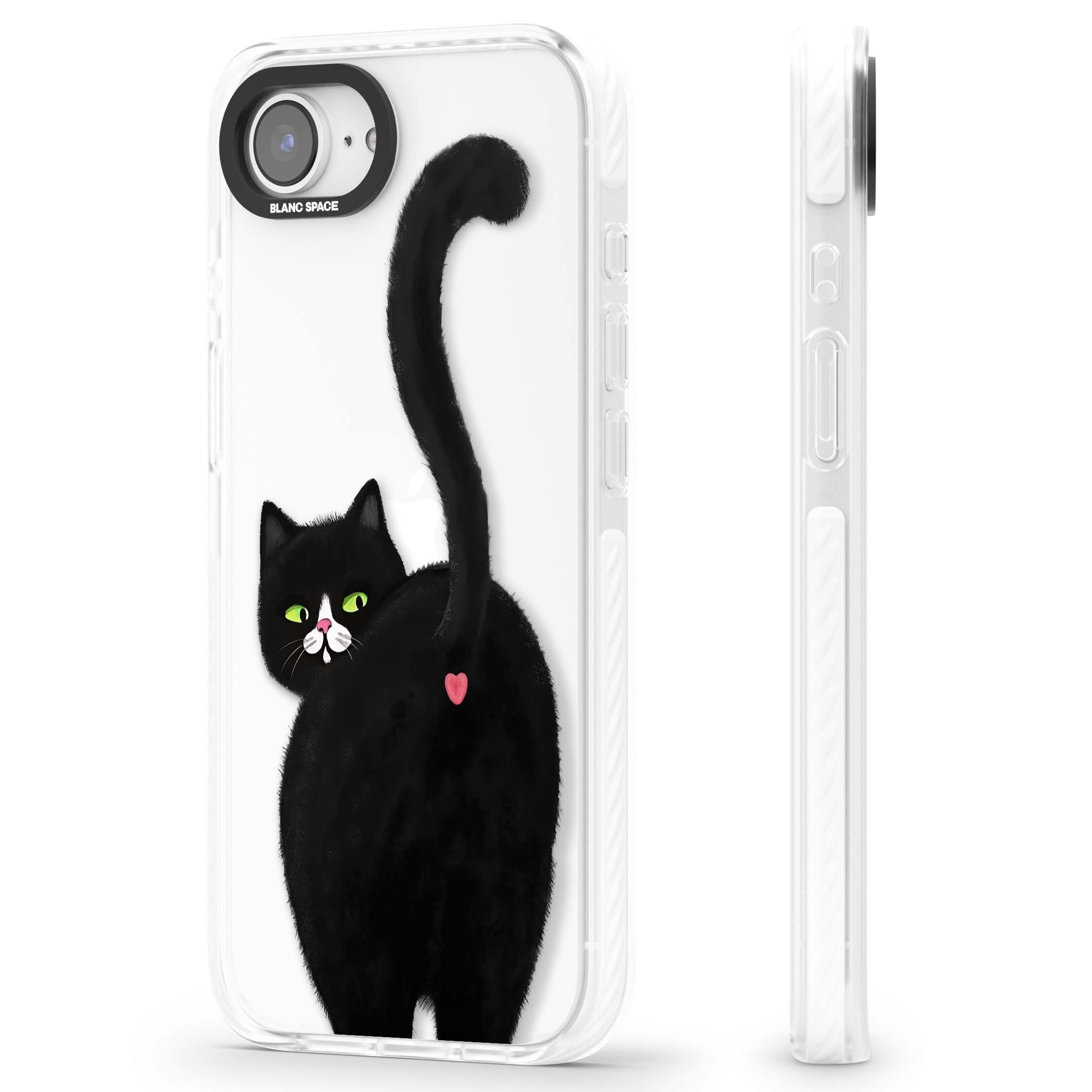 The Cat's Kiss cute cat iPhone case featuring a hand-painted tuxedo kitty with green eyes and a pink heart on a clear | Clear Impact case for iPhone 16e, iPhone 17e