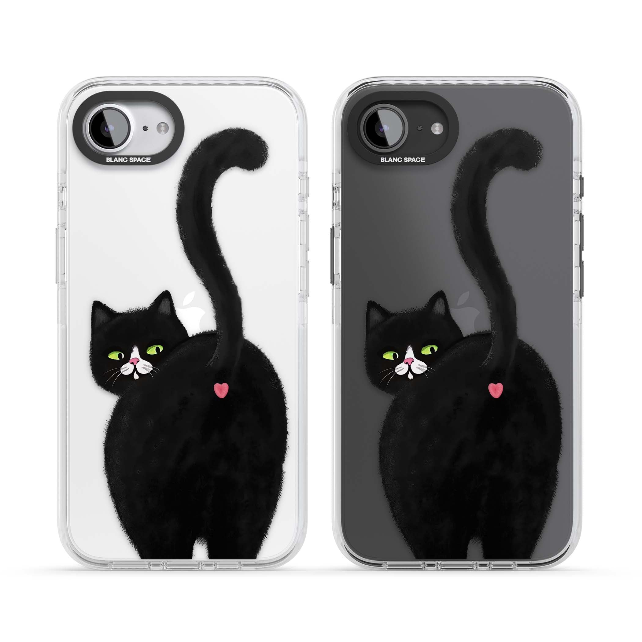 The Cat's Kiss cute cat iPhone case featuring a hand-painted tuxedo kitty with green eyes and a pink heart on a clear | Clear Impact case for iPhone 16e, iPhone 17e