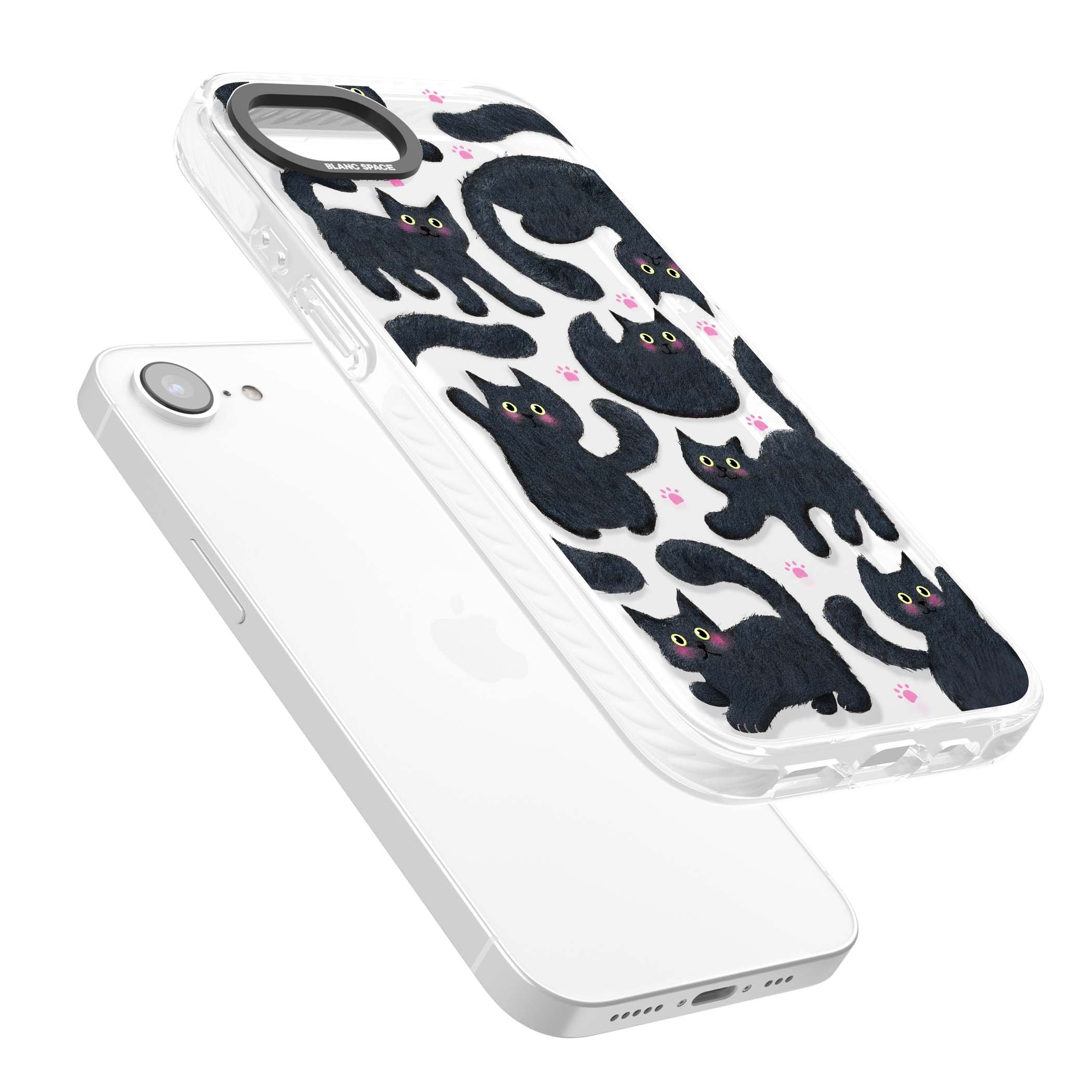 Midnight Cats cute iPhone case featuring black cat pattern with yellow eyes and pink paw prints | Clear Impact case for iPhone 16e, iPhone 17e