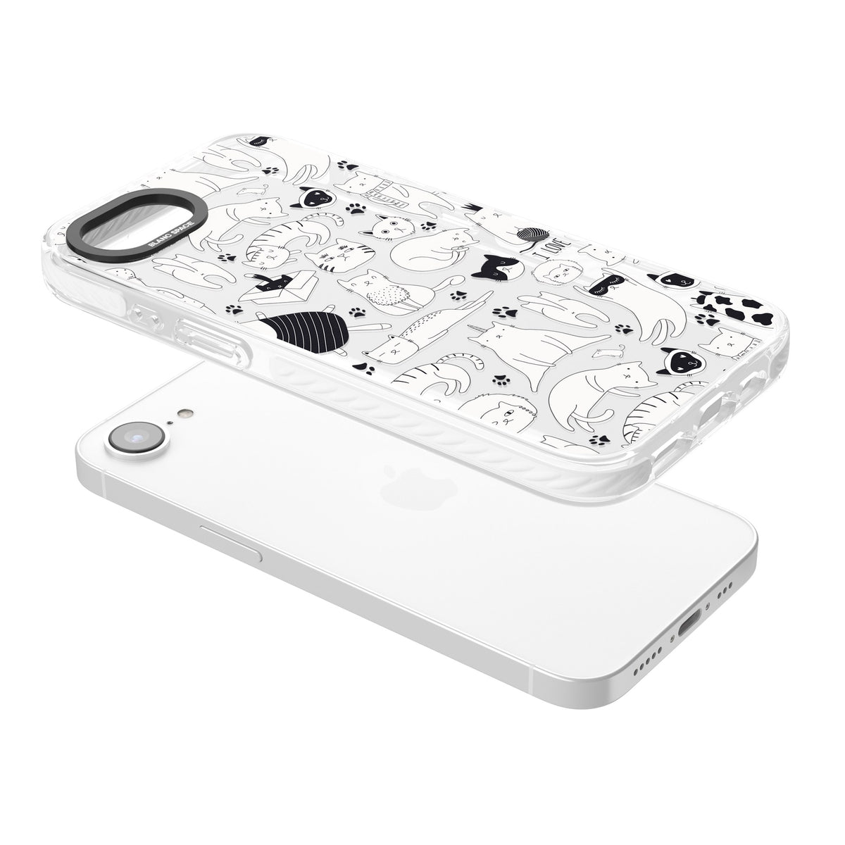 Cartoon Cats (Black & White) iPhone 16e / iPhone 17e Impact Clear Phone Case angled