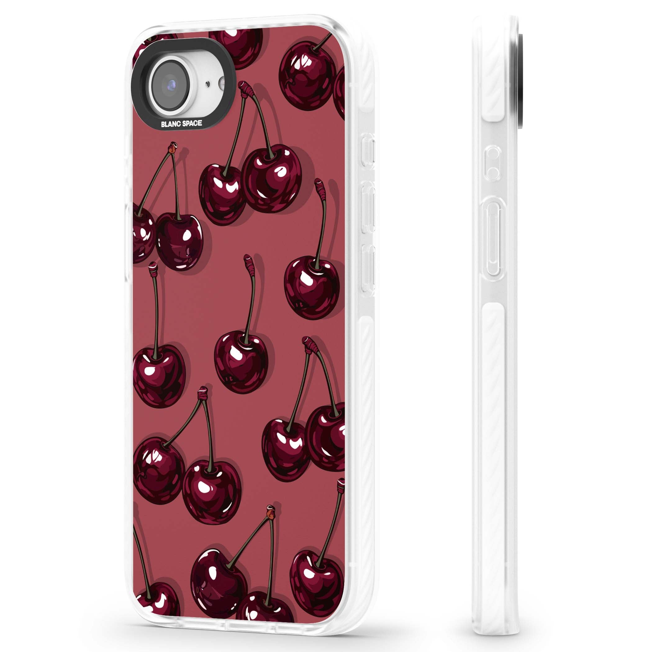 Cherry Rebel coquette iPhone case featuring glossy burgundy cherries on a dusty rose background | Clear Impact case for iPhone 16e, iPhone 17e