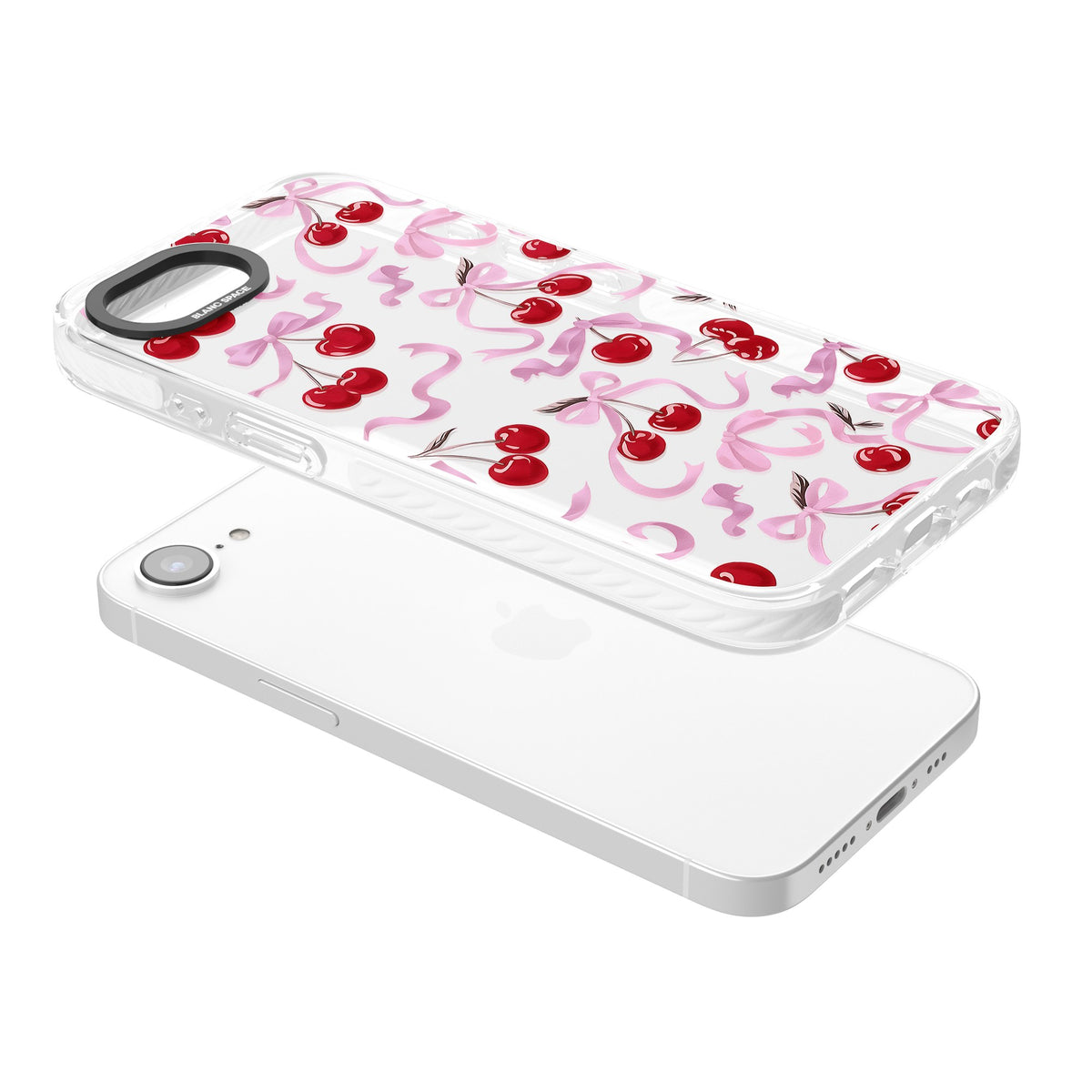 Pink Bow & Cherries iPhone 16e / iPhone 17e Impact Clear Phone Case angled