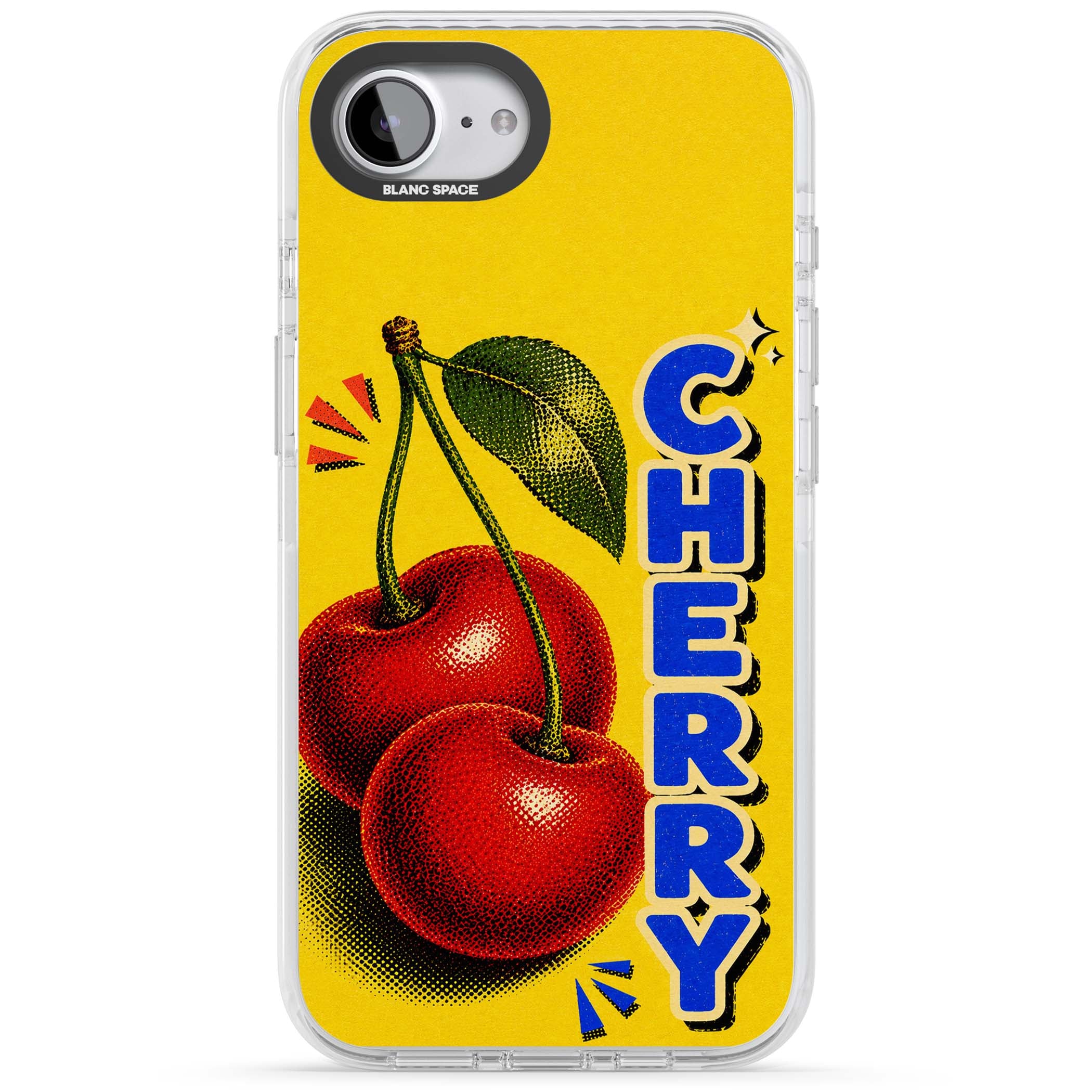 Cherry Yellow y2k iPhone case featuring two red cherries, halftone shading and bold blue CHERRY lettering on yellow | Clear Impact case for iPhone 16e, iPhone 17e