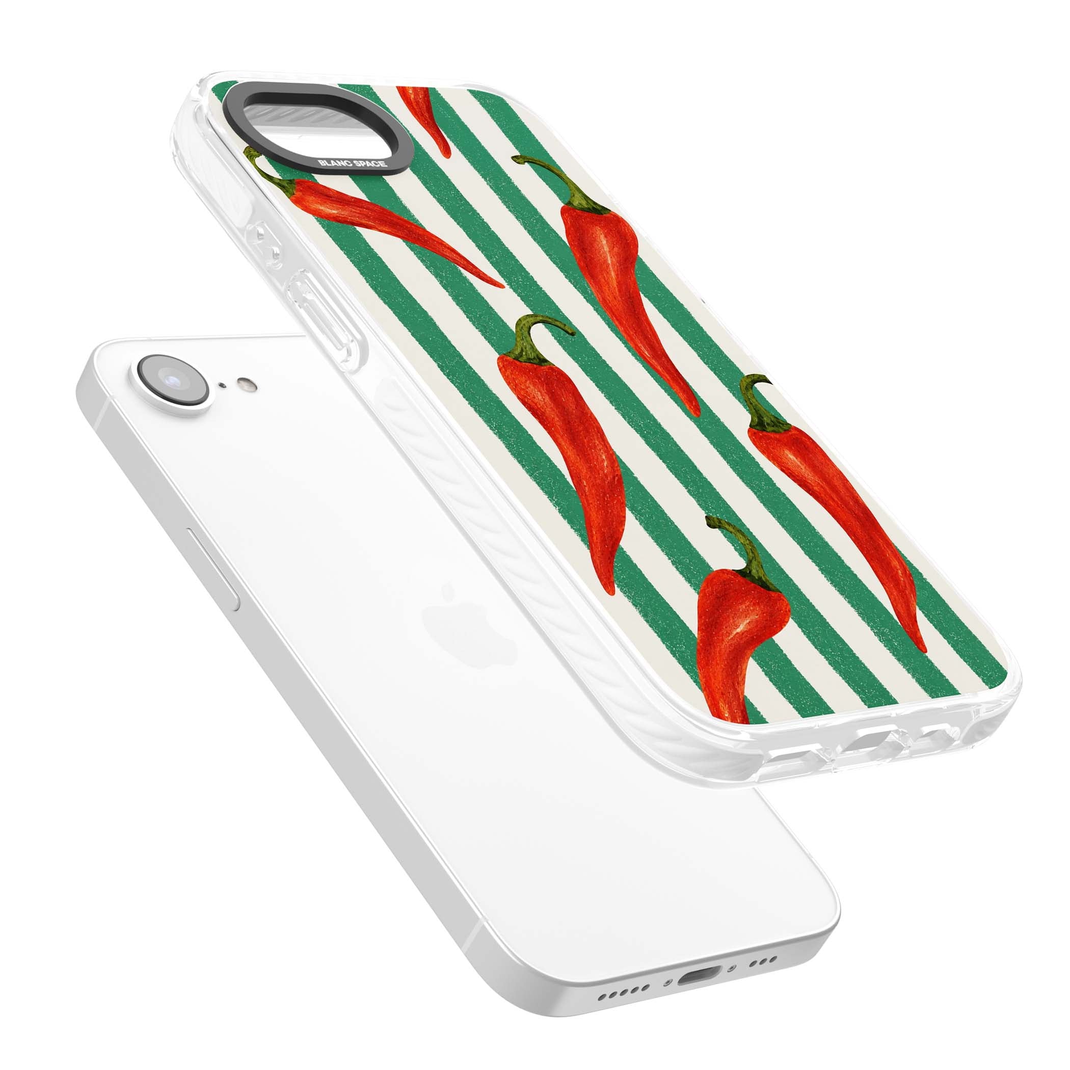 Striped Chillis coastal iPhone case featuring hand-painted red chili peppers on green and cream stripes | Clear Impact case for iPhone 16e, iPhone 17e