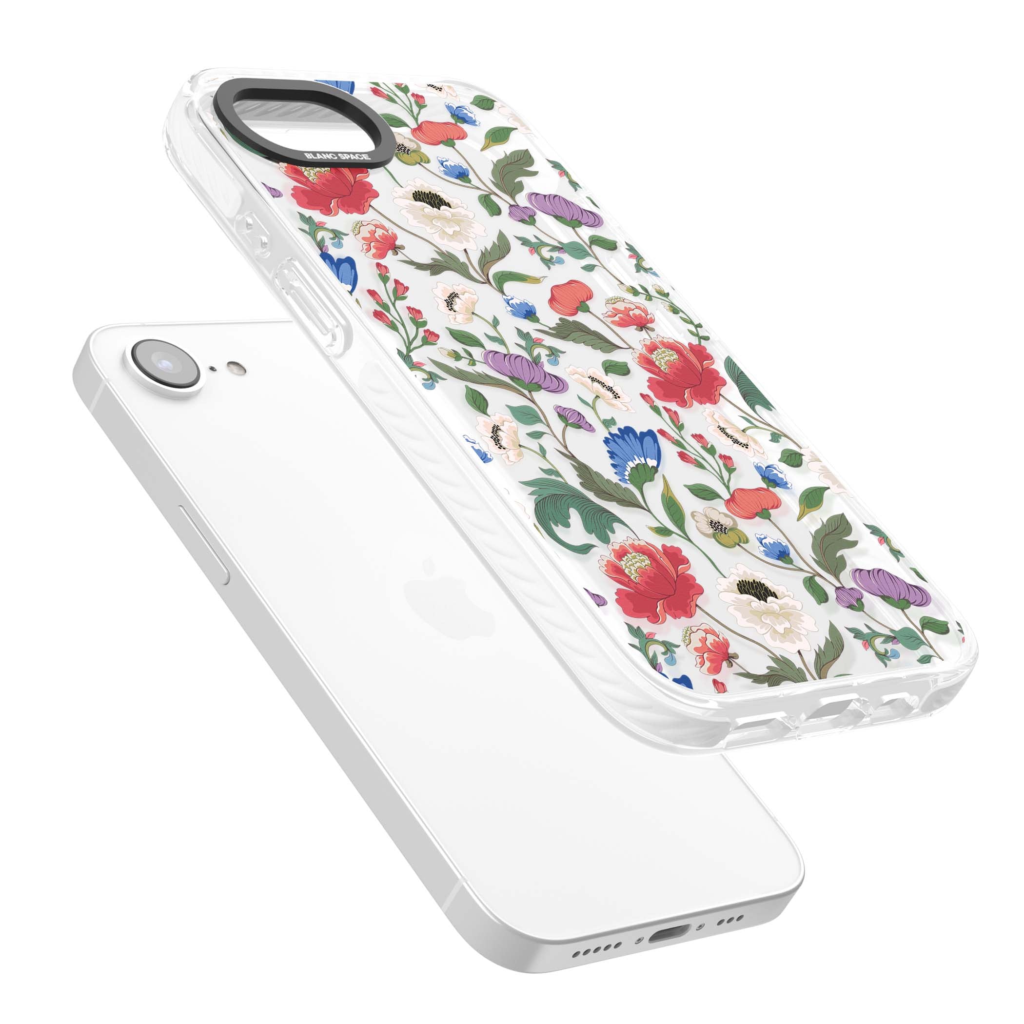 Chinoiserie Bloom vintage floral iPhone case featuring hand-painted peonies, poppies and trailing wildflowers on clear... | Clear Impact case for iPhone 16e, iPhone 17e