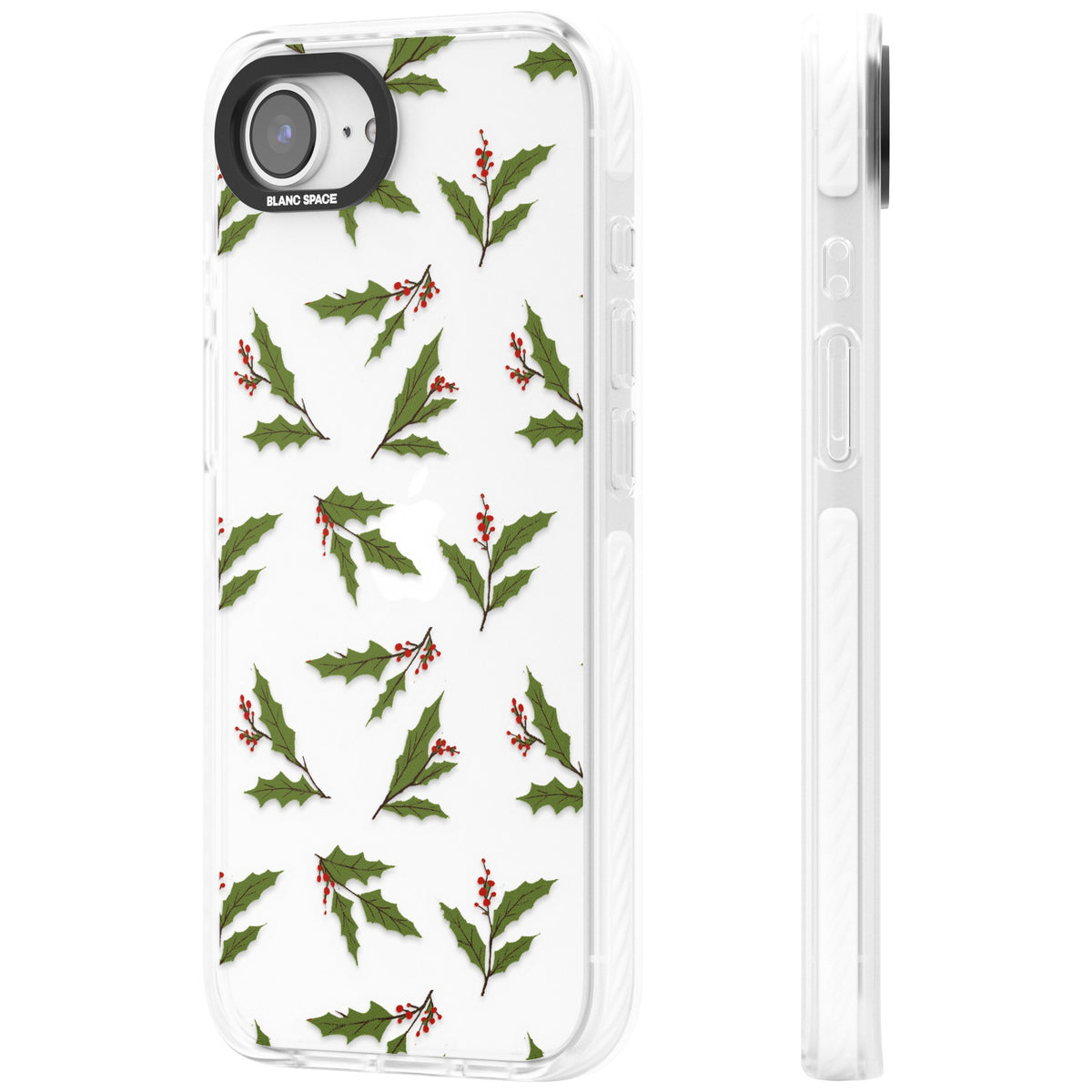 Christmas Holly Pattern iPhone 16e / iPhone 17e Impact Clear Phone Case side