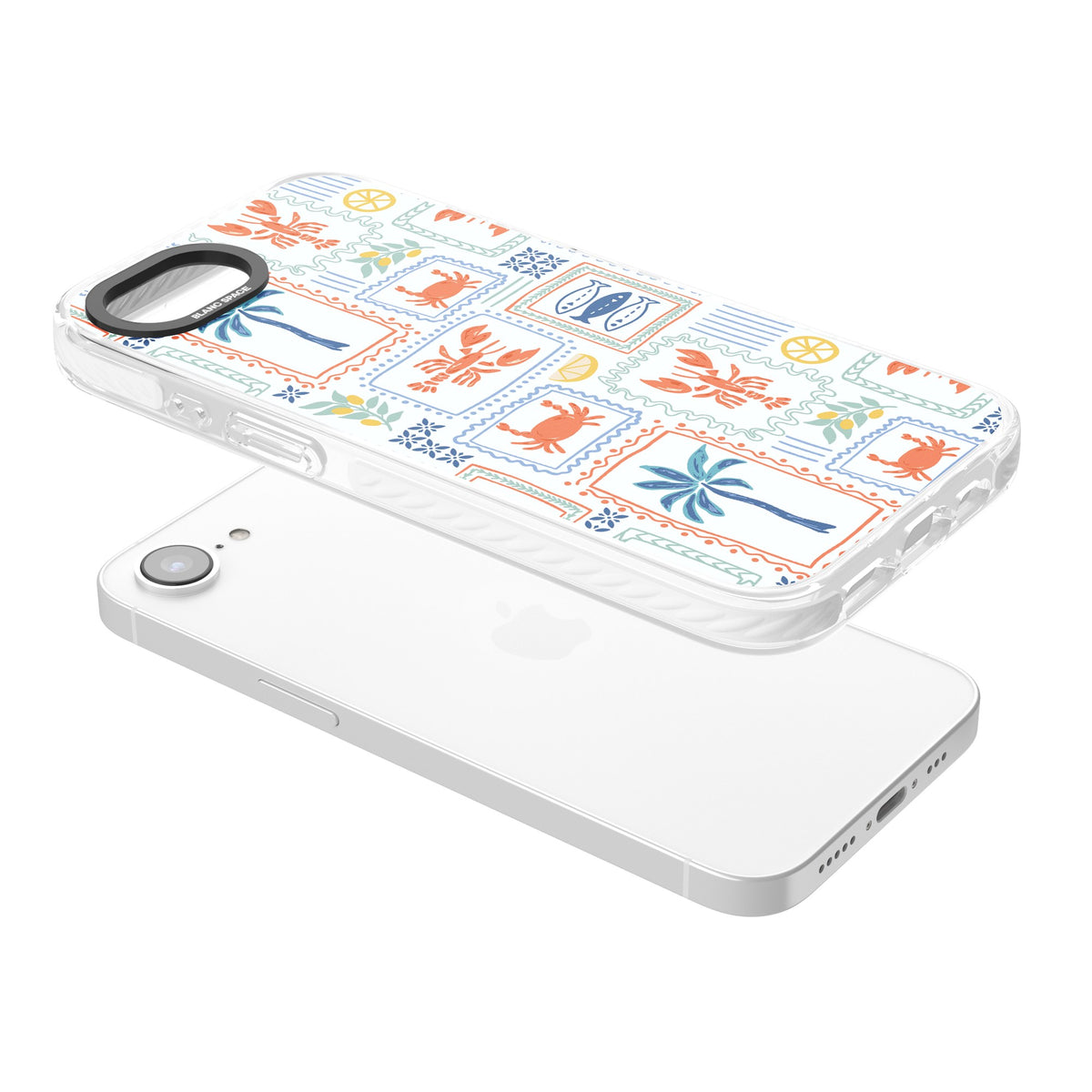 Seaside Stamps iPhone 16e / iPhone 17e Impact Clear Phone Case angled