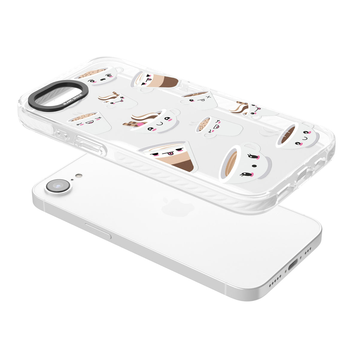Coffee Faces iPhone 16e / iPhone 17e Impact Clear Phone Case angled