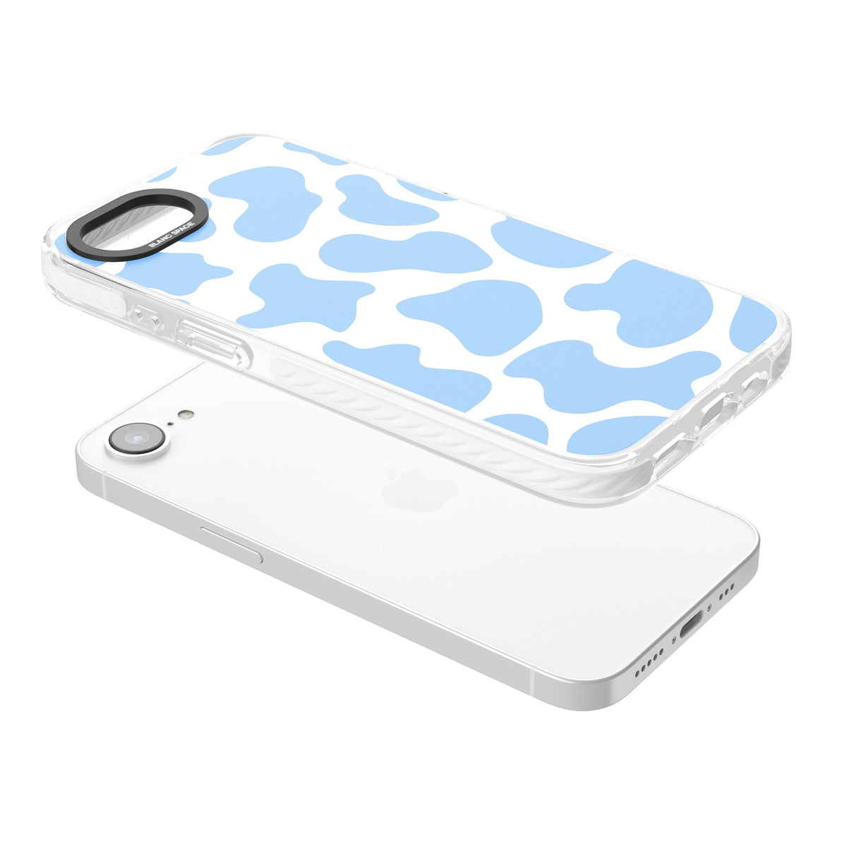 Blue And White Cow Print iPhone 16e / iPhone 17e Impact Clear Phone Case angled