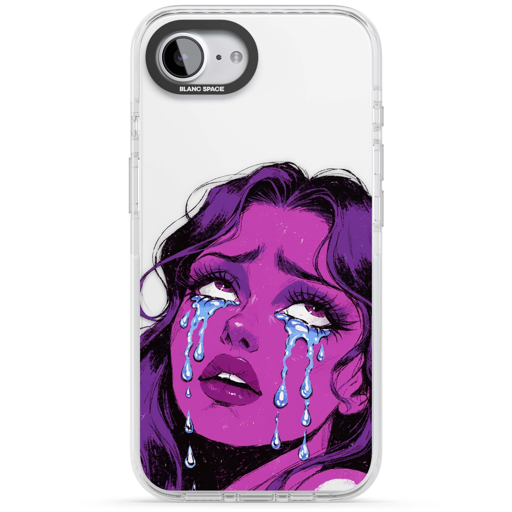 Drama Queen pop art iPhone case featuring a purple crying comic girl with blue tears | Clear Impact case for iPhone 16e, iPhone 17e