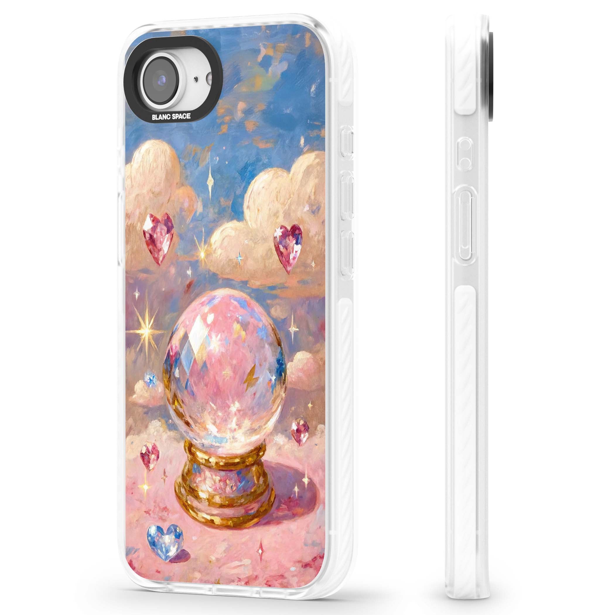 Crystal Ball fairycore iPhone case featuring a painted crystal ball, heart gemstones, and pastel clouds | Clear Impact case for iPhone 16e, iPhone 17e