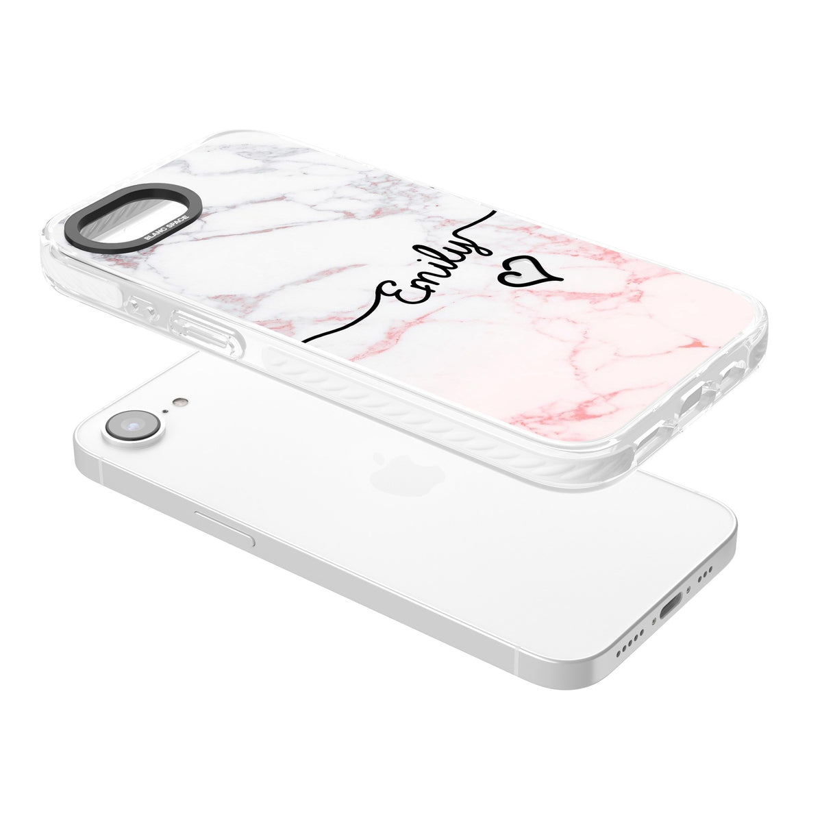 Personalised Pink Fade Marble Heart iPhone 16e / iPhone 17e Impact Clear Phone Case angled