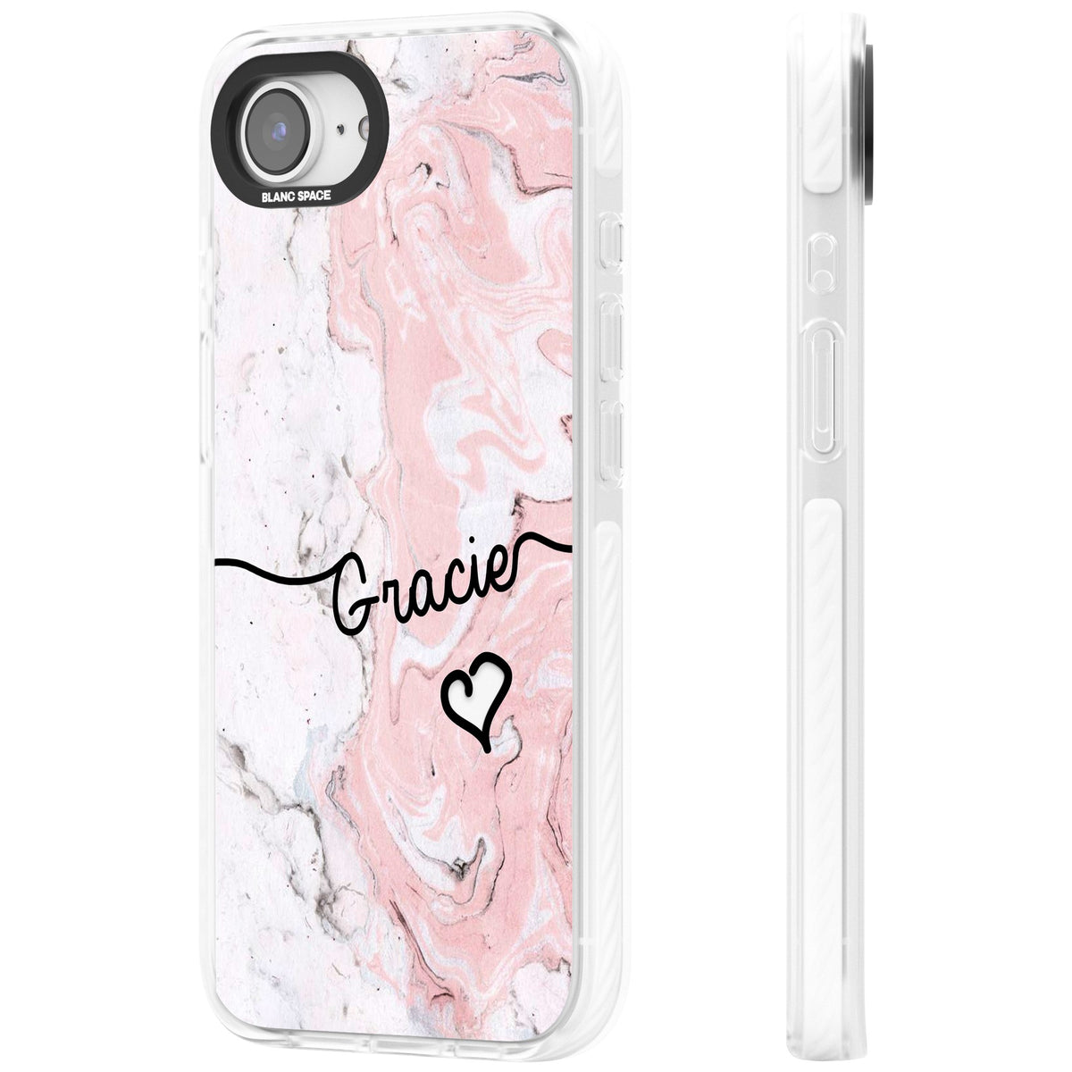 Personalised Pink Marble iPhone 16e / iPhone 17e Impact Clear Phone Case side