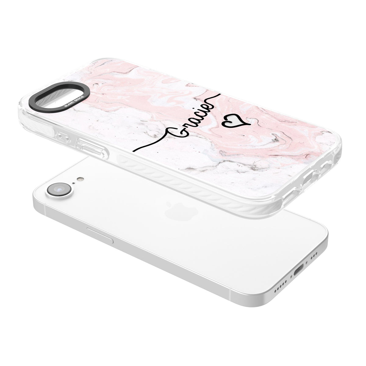 Personalised Pink Marble iPhone 16e / iPhone 17e Impact Clear Phone Case angled