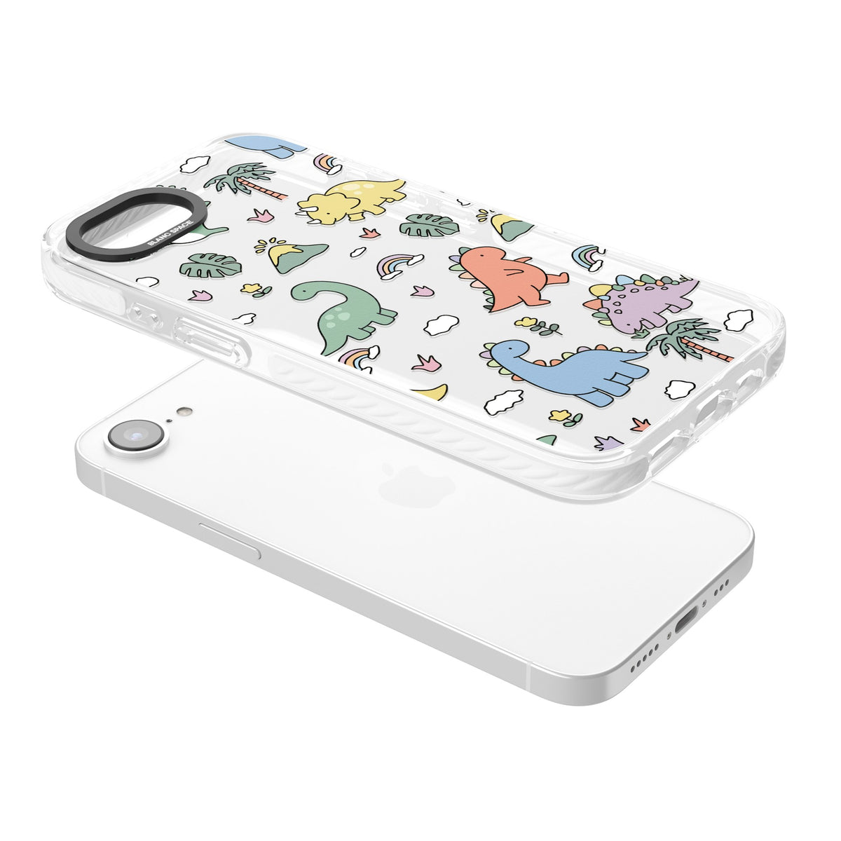 Cute Dino Pattern iPhone 16e / iPhone 17e Impact Clear Phone Case angled