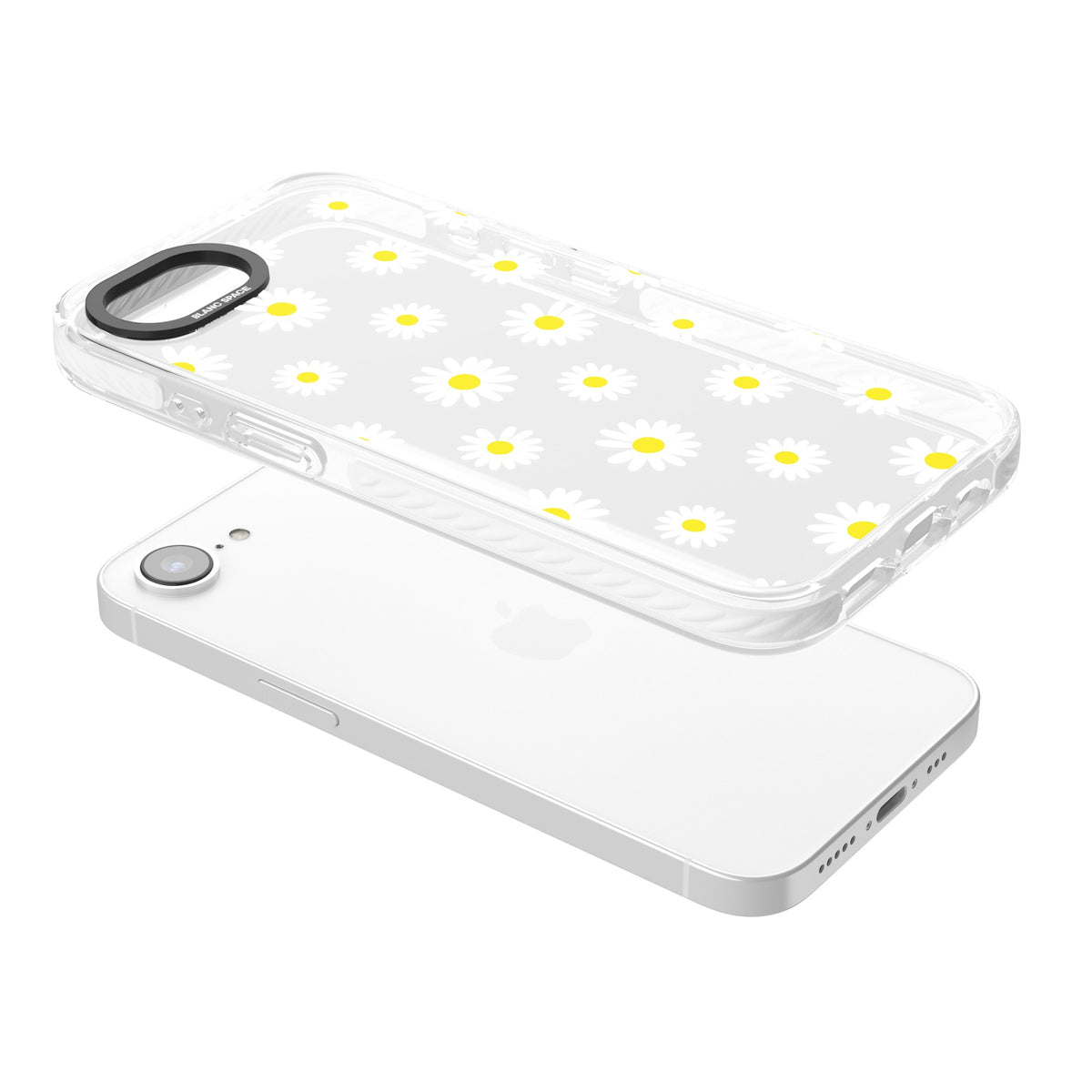 Personalised White Daisy Pattern iPhone 16e / iPhone 17e Impact Clear Phone Case angled