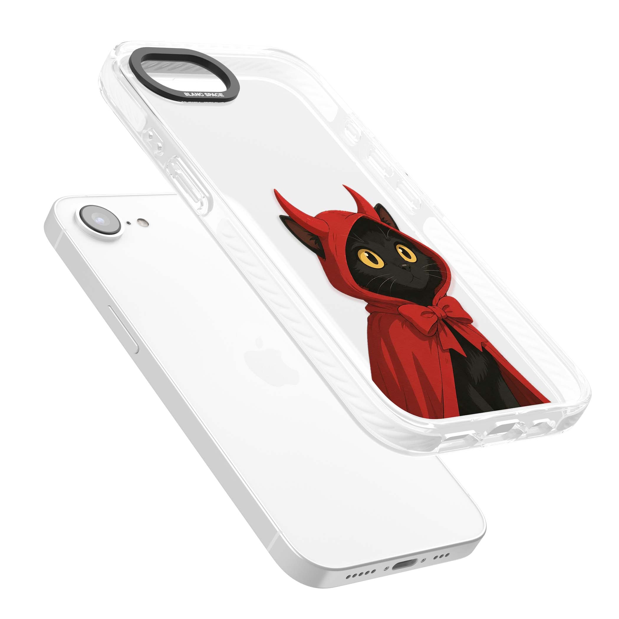 Little Devil halloween iPhone case featuring a black cat in a red hooded devil cloak with horns and golden eyes | Clear Impact case for iPhone 16e, iPhone 17e
