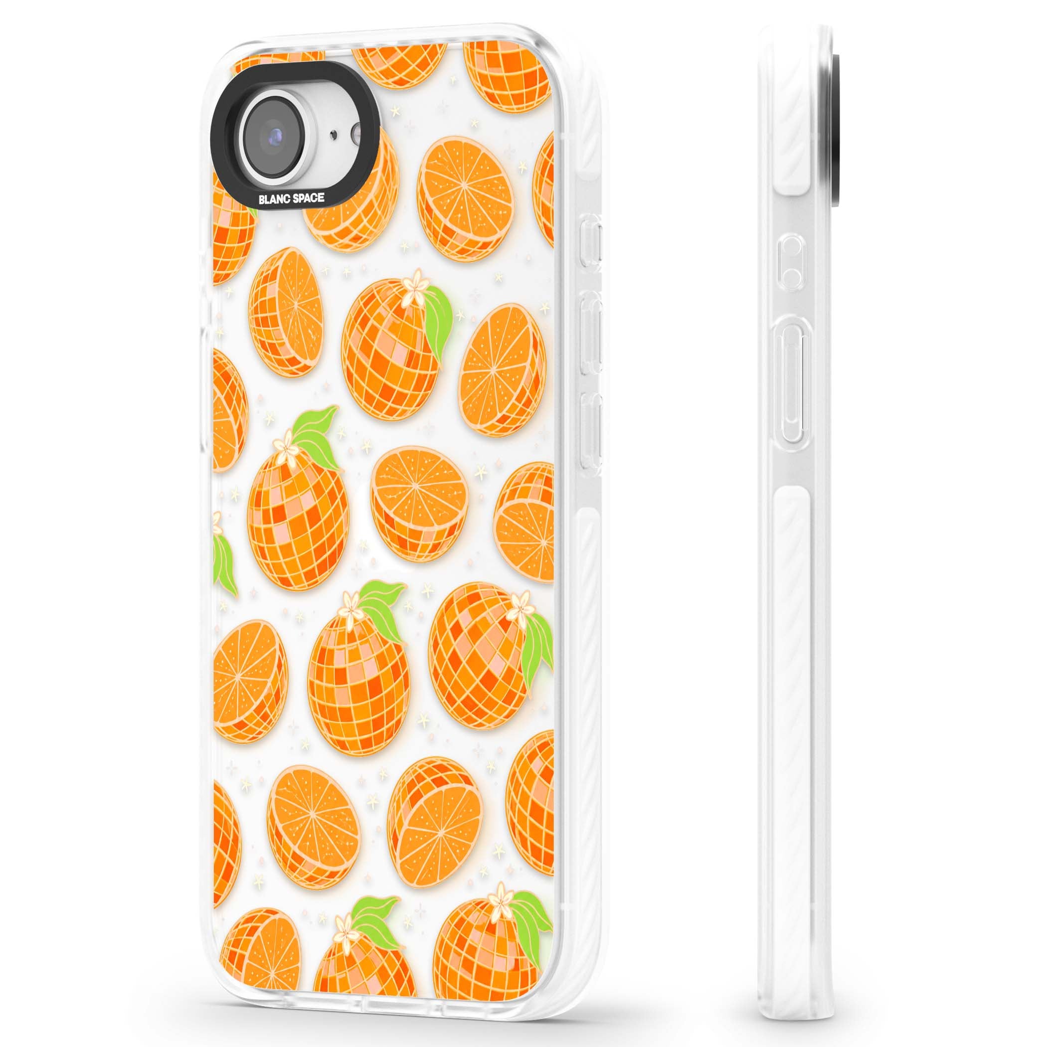 Disco Oranges retro iPhone case featuring mirrorball oranges, citrus slices and tiny blossoms on clear | Clear Impact case for iPhone 16e, iPhone 17e