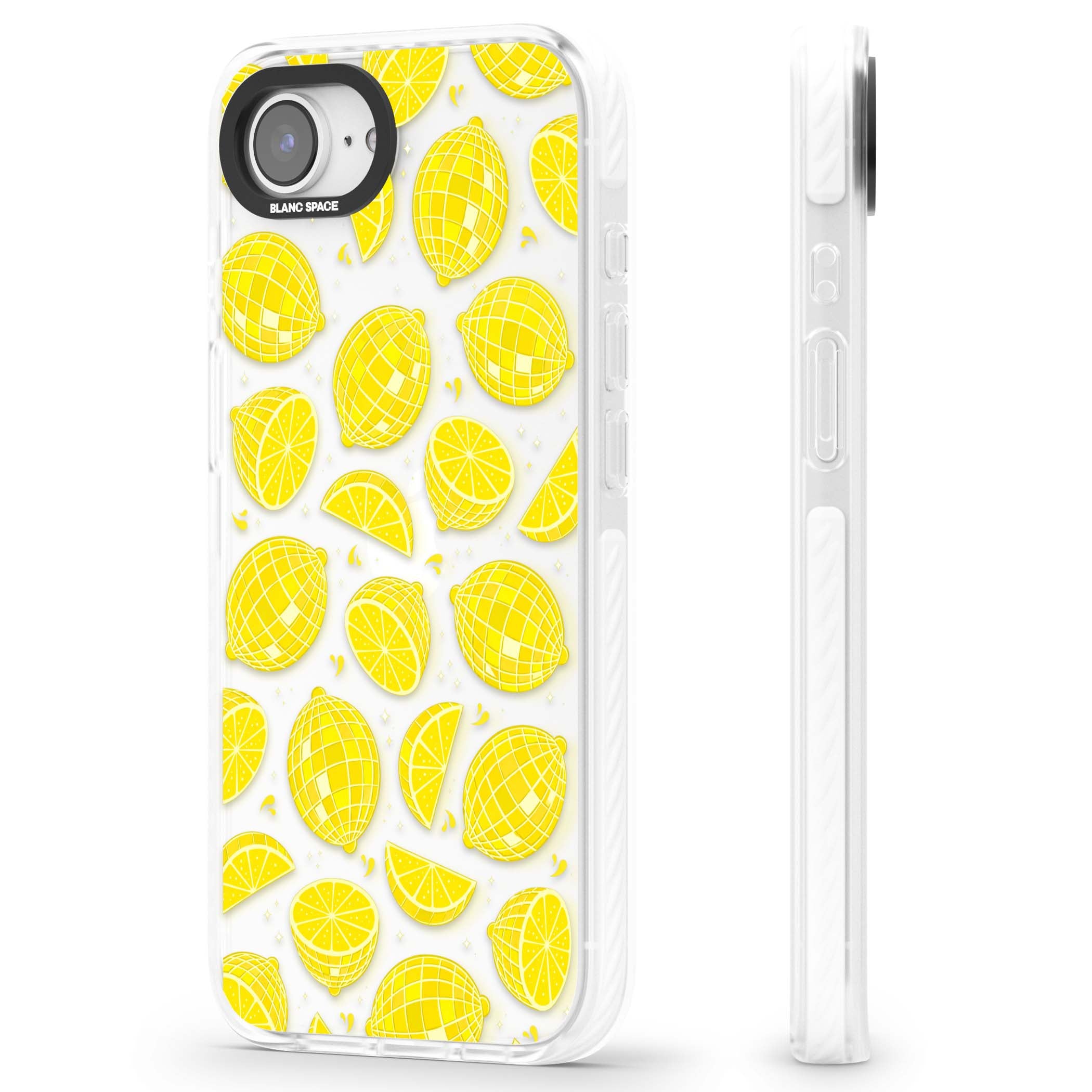 Disco Lemons citrus iPhone case featuring mirrorball lemons, sliced fruit and sparkle accents | Clear Impact case for iPhone 16e, iPhone 17e