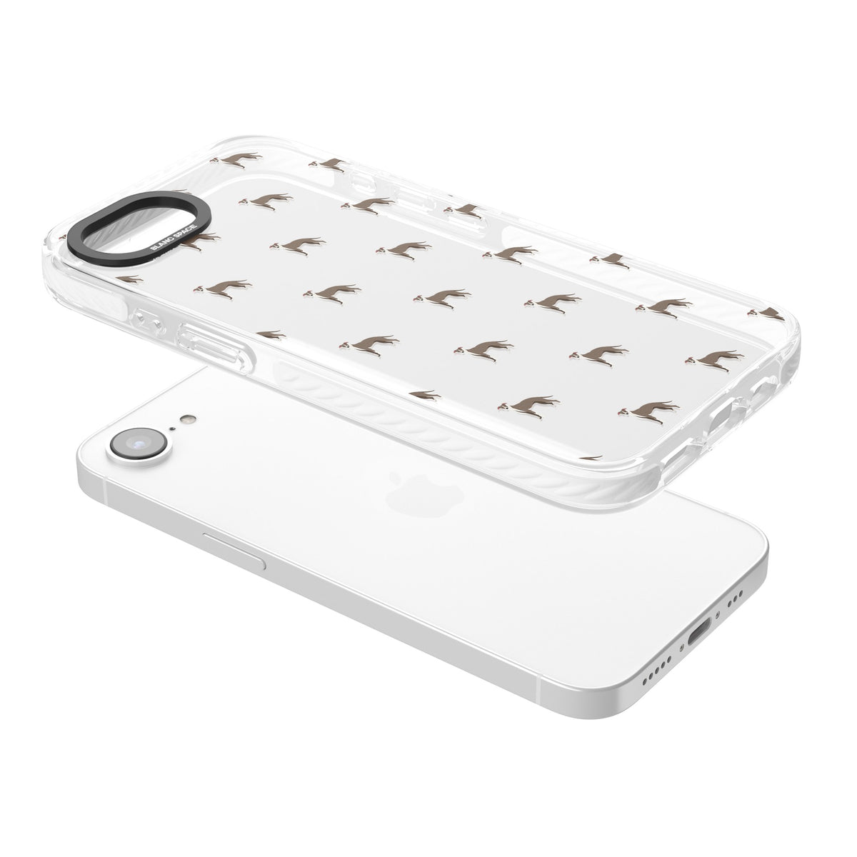 Whippet Dog Pattern Clear iPhone 16e / iPhone 17e Impact Clear Phone Case angled