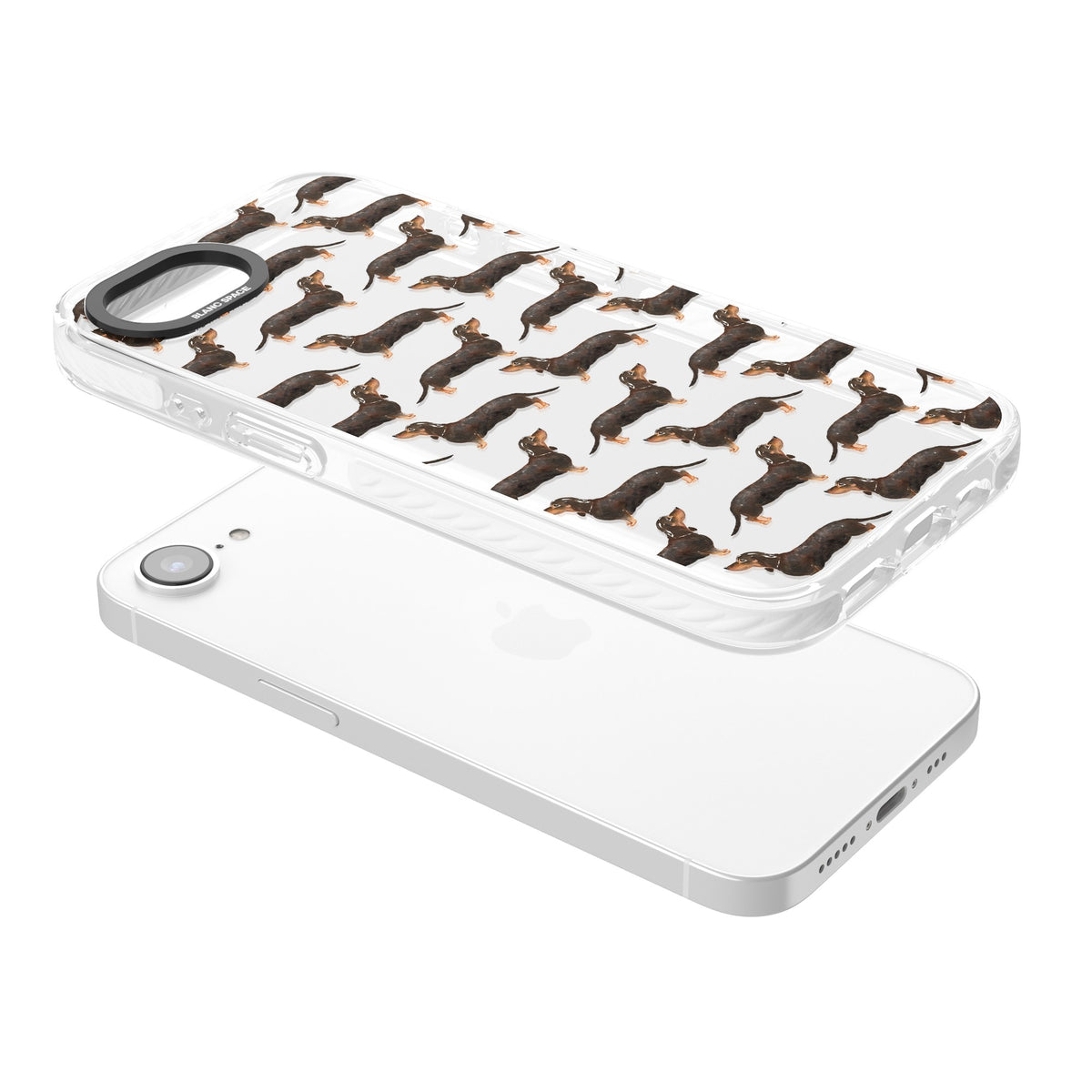 Dachshund Pattern Black Tan iPhone 16e / iPhone 17e Impact Clear Phone Case angled