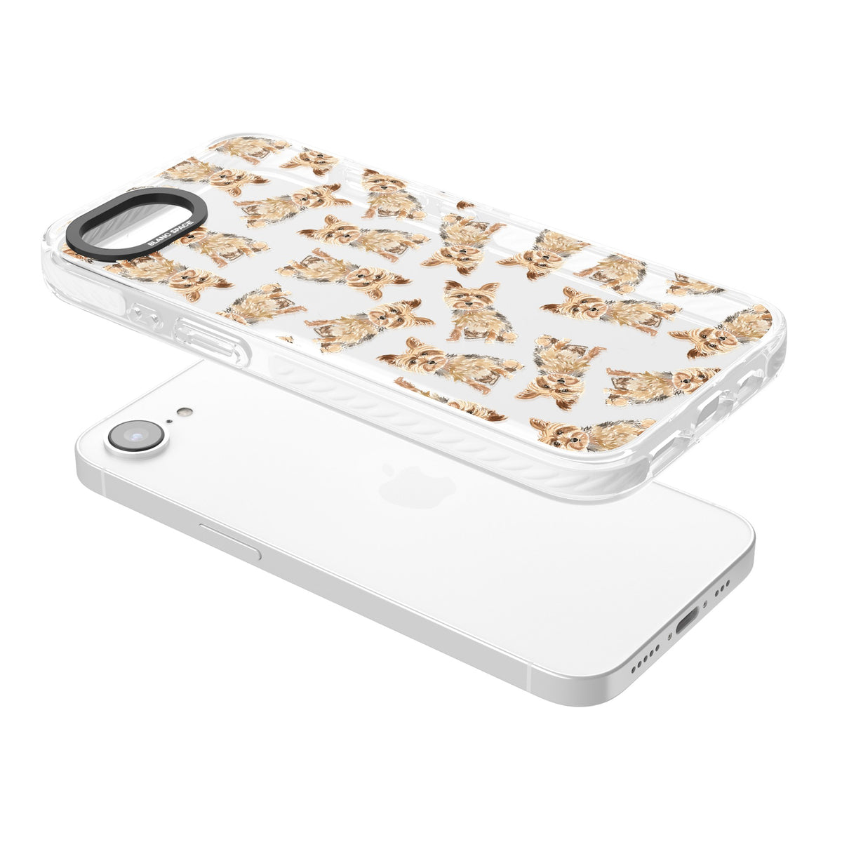 Yorkshire Terrier Dog Pattern iPhone 16e / iPhone 17e Impact Clear Phone Case angled